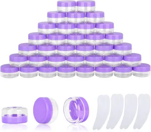 100PCS 10 Gram Sample Containers, 10ml Empty Jars with Lids, Small Cosmetic Containers, Mini Sample Jars with 8PCS Mini Spatulas for Make Up, Oils, Lotion, Powder, Jewelry, Lip Balms(Purple Lid)