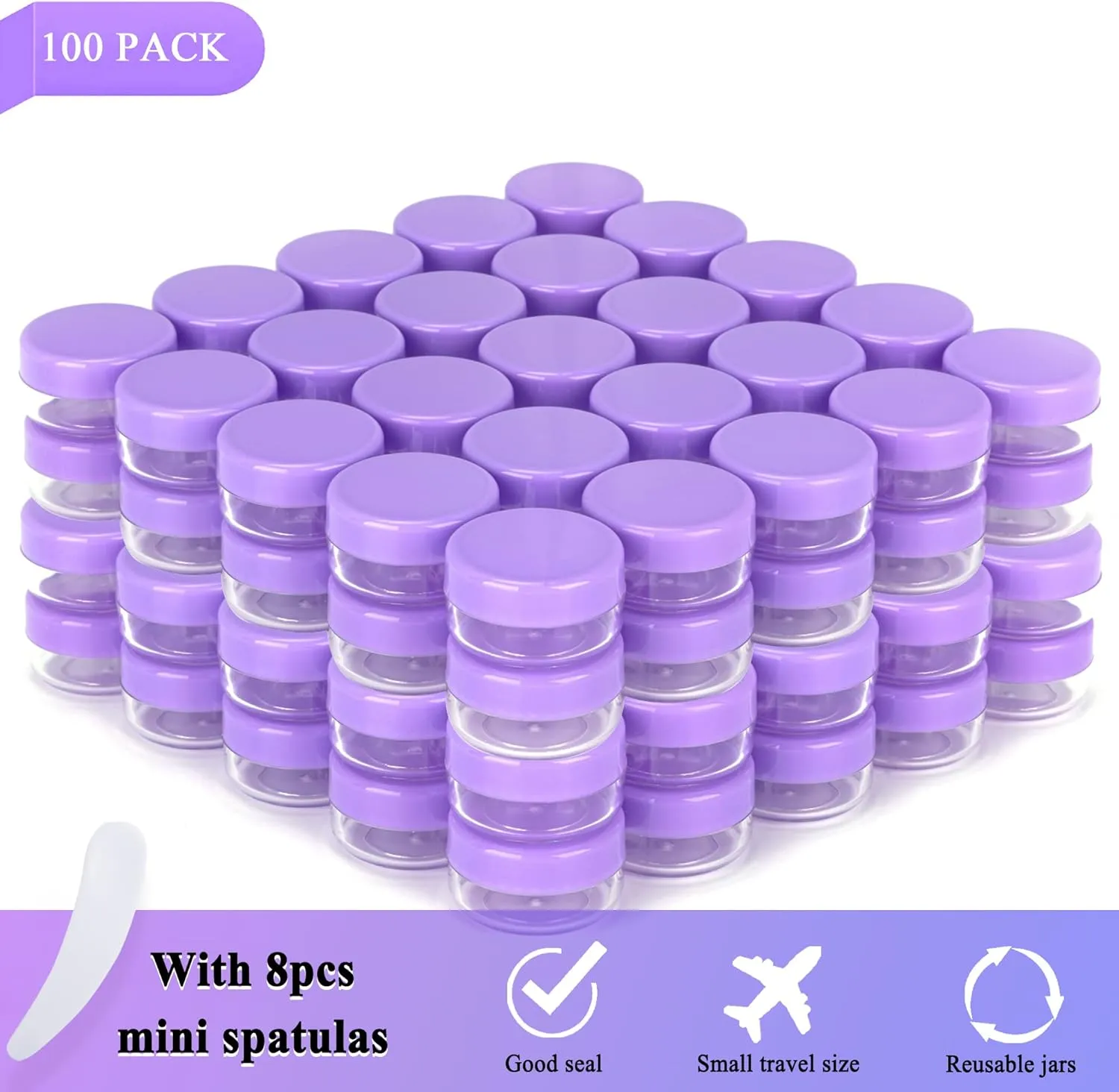 100PCS 10 Gram Sample Containers, 10ml Empty Jars with Lids, Small Cosmetic Containers, Mini Sample Jars with 8PCS Mini Spatulas for Make Up, Oils, Lotion, Powder, Jewelry, Lip Balms(Purple Lid)