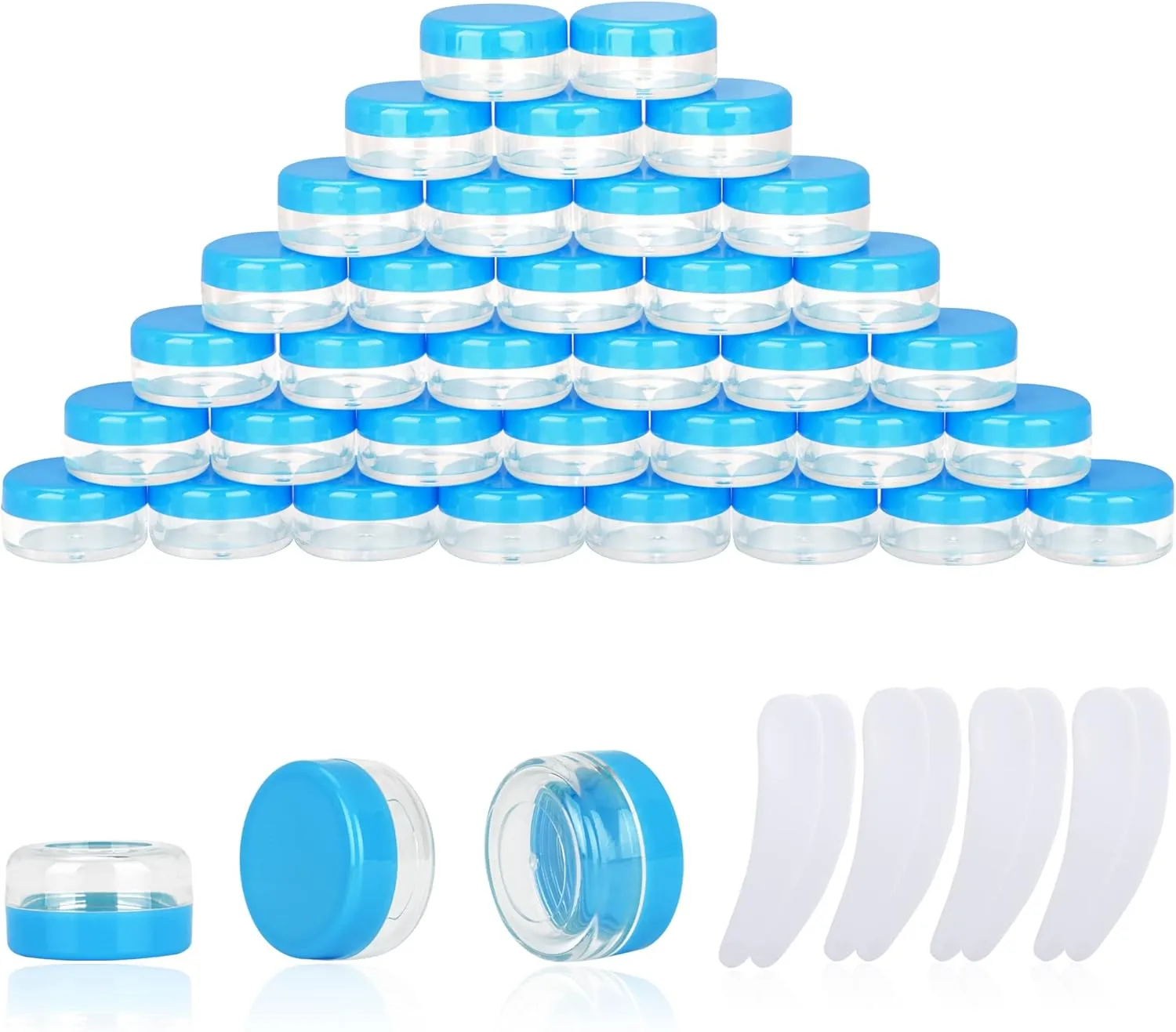 100PCS 10 Gram Sample Containers, 10ml Empty Jars with Lids, Small Cosmetic Containers, Mini Sample Jars with 8PCS Mini Spatulas for Make Up, Oils, Lotion, Powder, Paint, Jewelry, Lip Balms(Blue Lid)