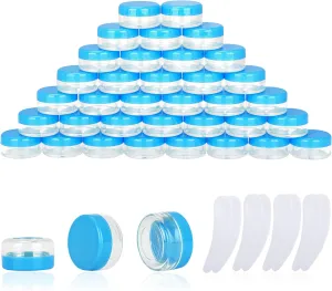 100PCS 10 Gram Sample Containers, 10ml Empty Jars with Lids, Small Cosmetic Containers, Mini Sample Jars with 8PCS Mini Spatulas for Make Up, Oils, Lotion, Powder, Paint, Jewelry, Lip Balms(Blue Lid)