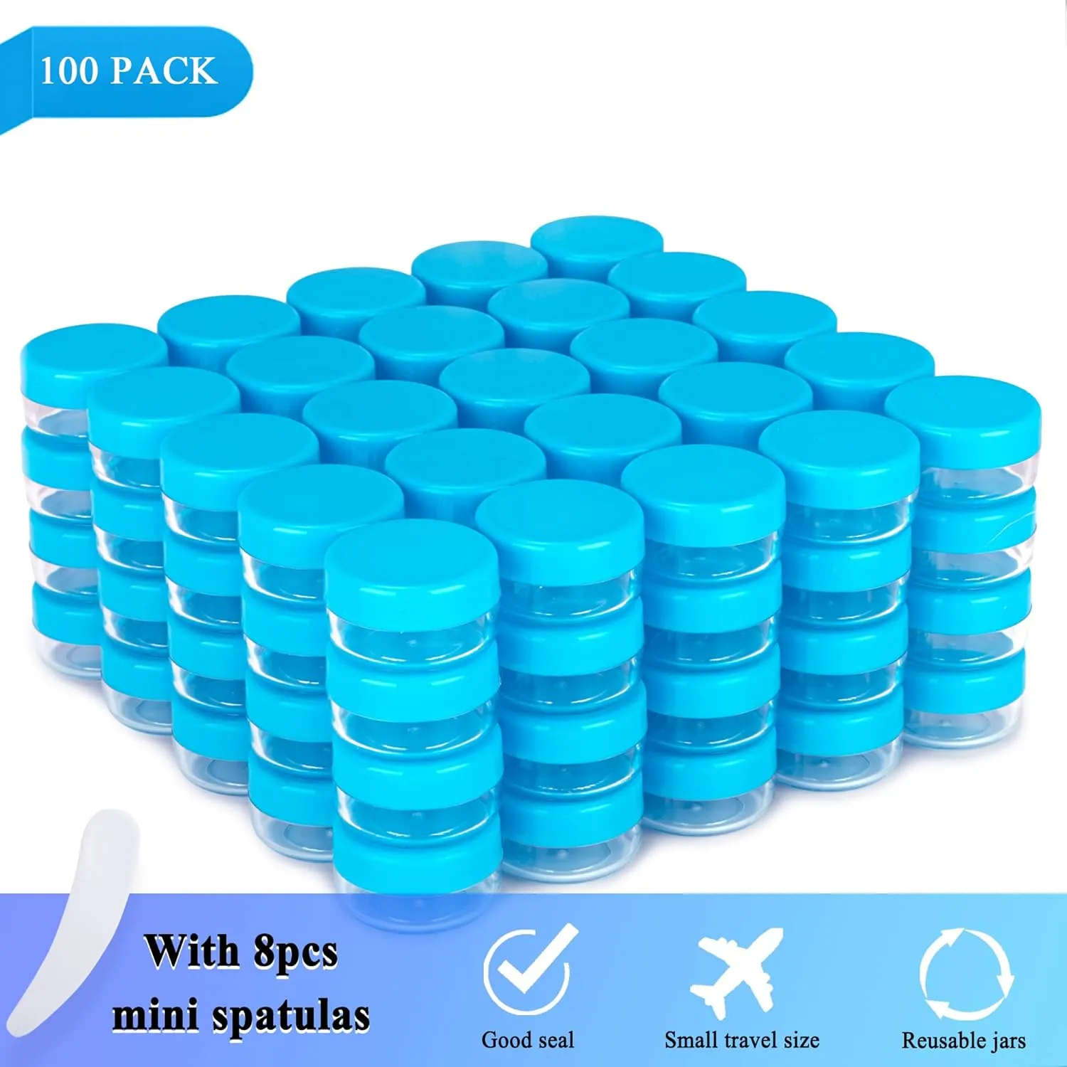 100PCS 10 Gram Sample Containers, 10ml Empty Jars with Lids, Small Cosmetic Containers, Mini Sample Jars with 8PCS Mini Spatulas for Make Up, Oils, Lotion, Powder, Paint, Jewelry, Lip Balms(Blue Lid)