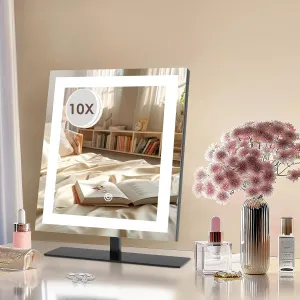 12in Lighted Makeup Mirror, 10X Magnification, Hollywood Vanity Mirror with Lights, Smart Touch Control, 10%-100% Dimmable, 3 Color Lighting Modes, Memory, Portable LED Makeup Mirror (12in Black)