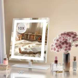 12in Lighted Makeup Mirror, 10X Magnification, Hollywood Vanity Mirror with Lights, Smart Touch Control, 10%-100% Dimmable, 3 Color Lighting Modes, Memory, Portable LED Makeup Mirror (12in White)