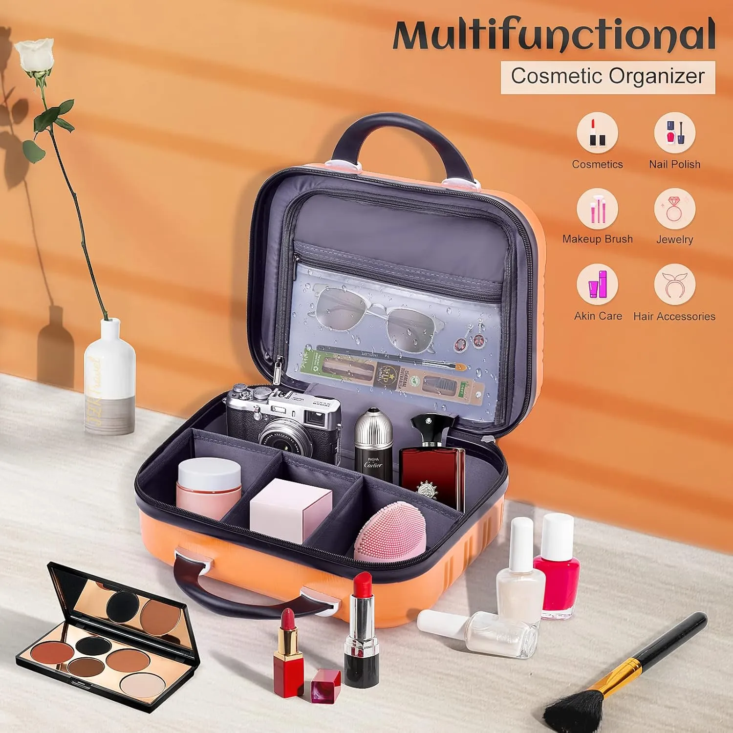 14inch Makeup Train Case PC ABS Cosmetic Case Hardshell Makeup Bag Organizer Toiletry Gifts for Her Travel Outside Activity (orange)