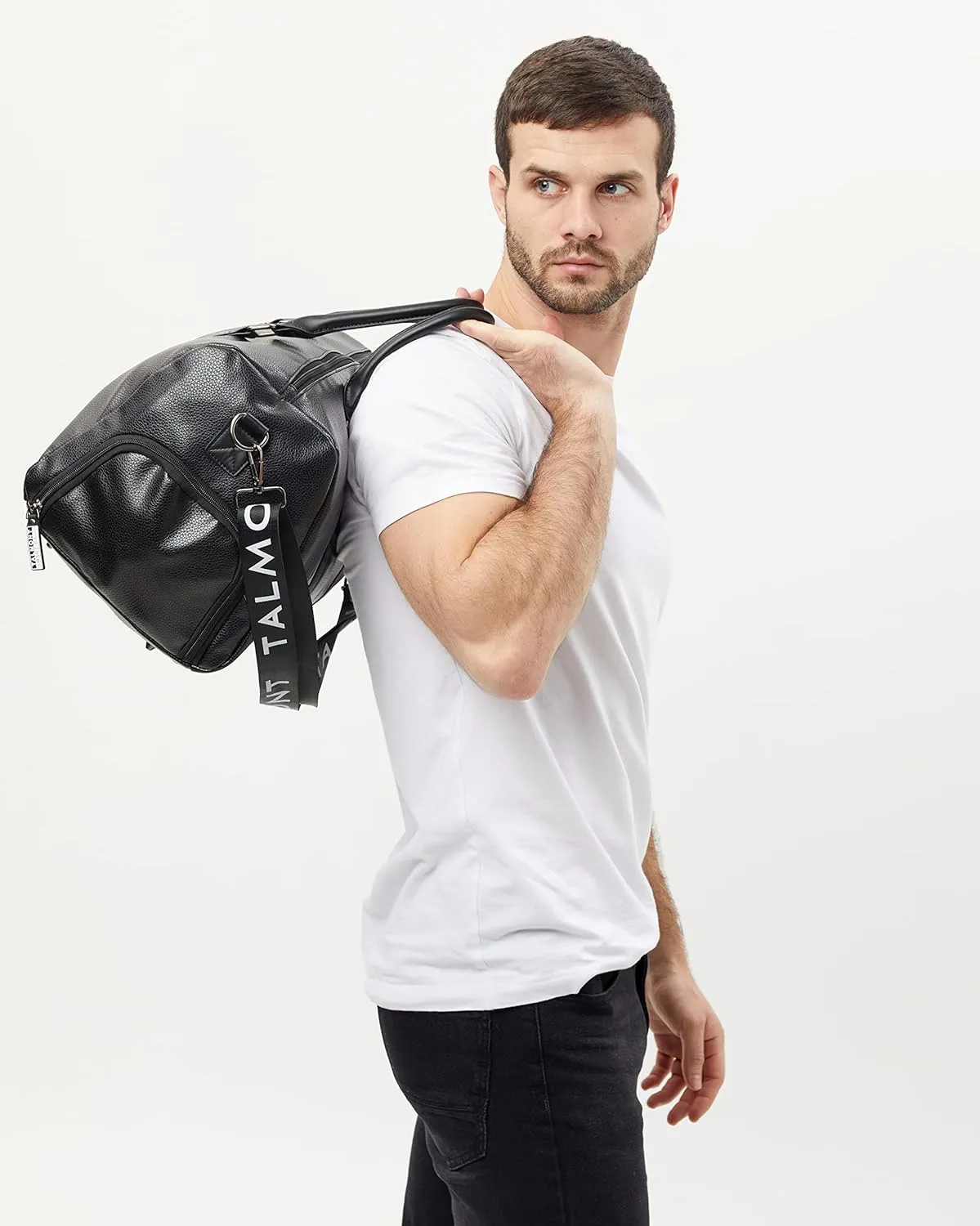 17.7 inch Gym Bag Men's Duffle leather Bag with Shoe Compartment for Sports Travel Gym Carry-on Luggage with Adjustable Shoulder Strap, Weekender Travel Overnight Bag for Men (Black)
