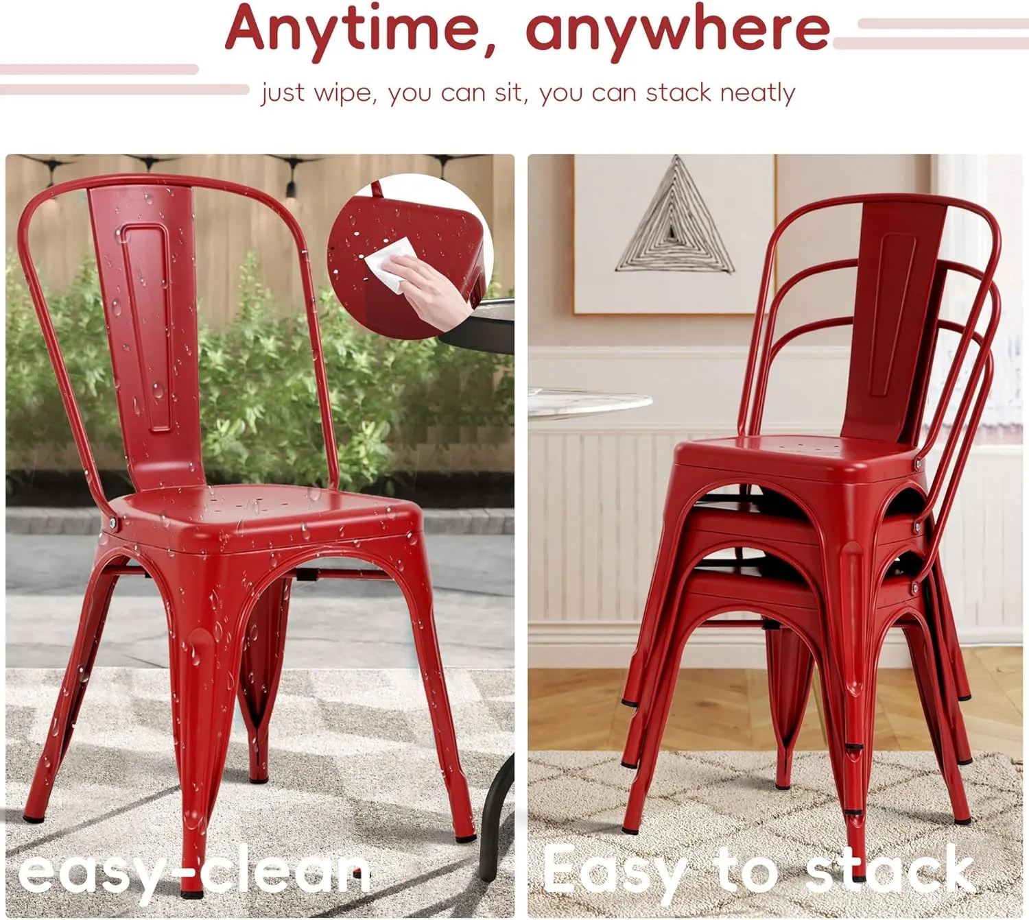 18'' Seat Height Metal Outdoor Dining Chairs, Stackable Farmhouse Tolix Style Side Bar Chairs, Indoor Outdoor Patio Kitchen Metal Chairs with Back Set of 4(RED)