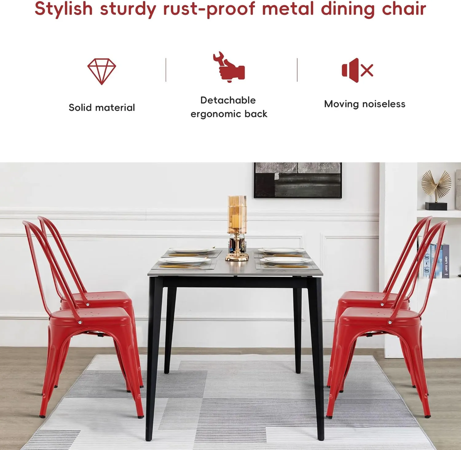 18'' Seat Height Metal Outdoor Dining Chairs, Stackable Farmhouse Tolix Style Side Bar Chairs, Indoor Outdoor Patio Kitchen Metal Chairs with Back Set of 4(RED)