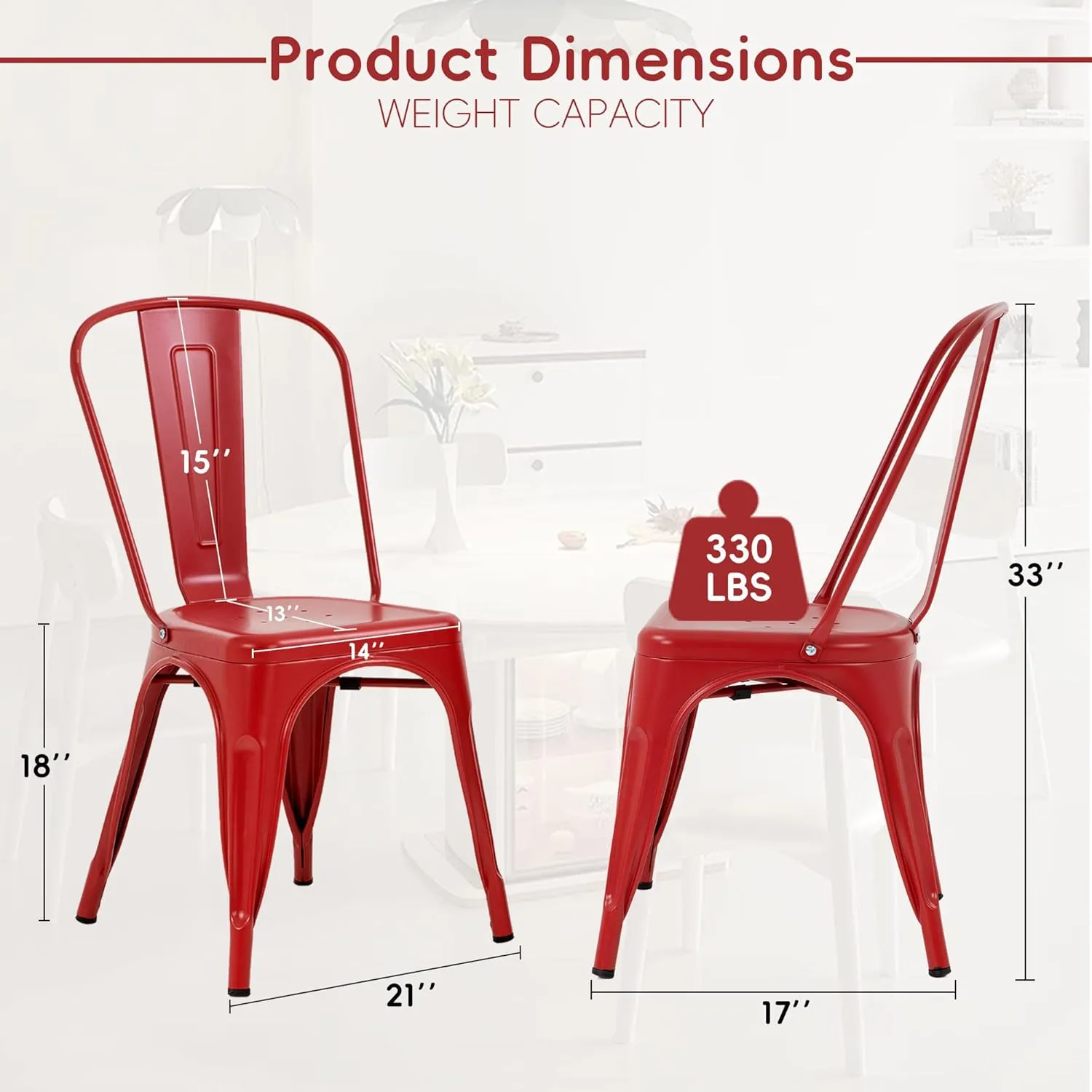 18'' Seat Height Metal Outdoor Dining Chairs, Stackable Farmhouse Tolix Style Side Bar Chairs, Indoor Outdoor Patio Kitchen Metal Chairs with Back Set of 4(RED)