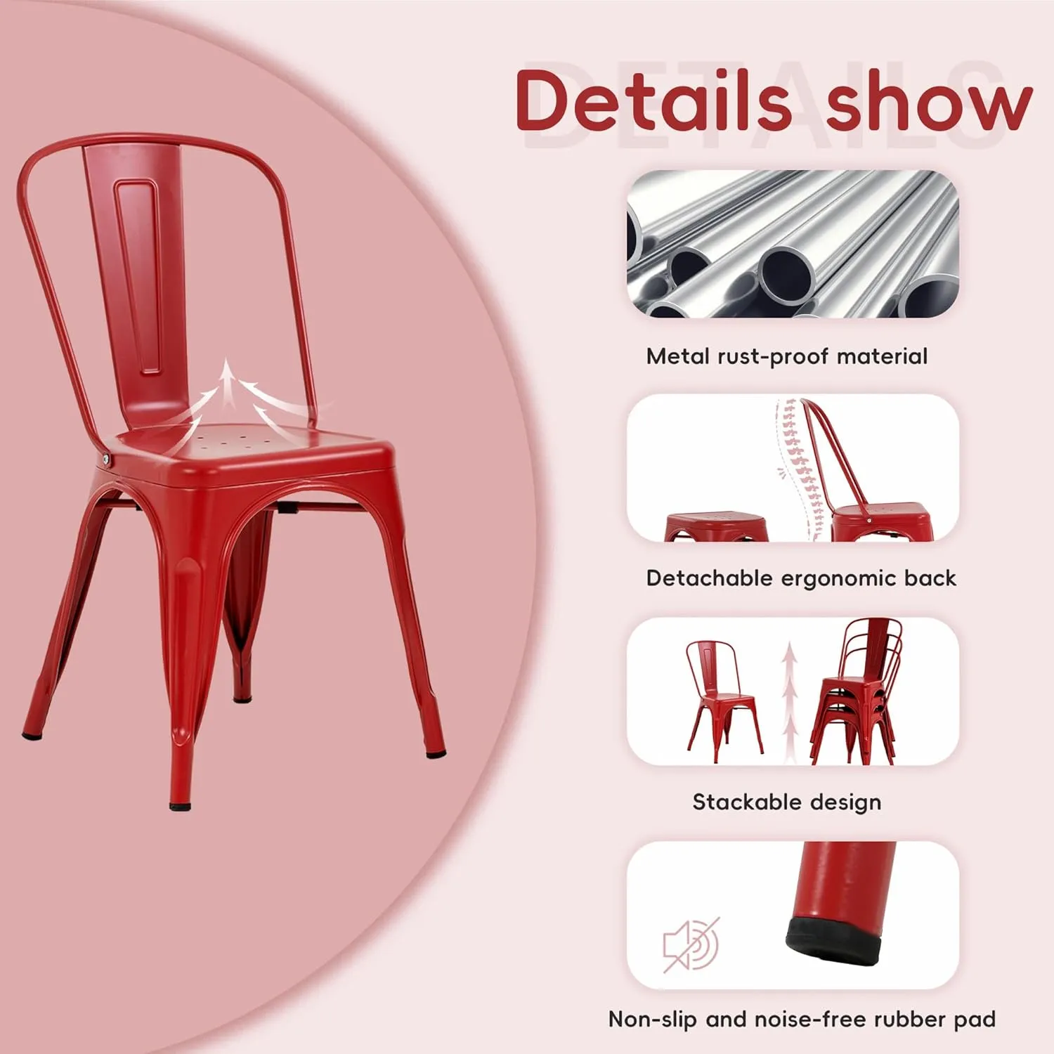 18'' Seat Height Metal Outdoor Dining Chairs, Stackable Farmhouse Tolix Style Side Bar Chairs, Indoor Outdoor Patio Kitchen Metal Chairs with Back Set of 4(RED)