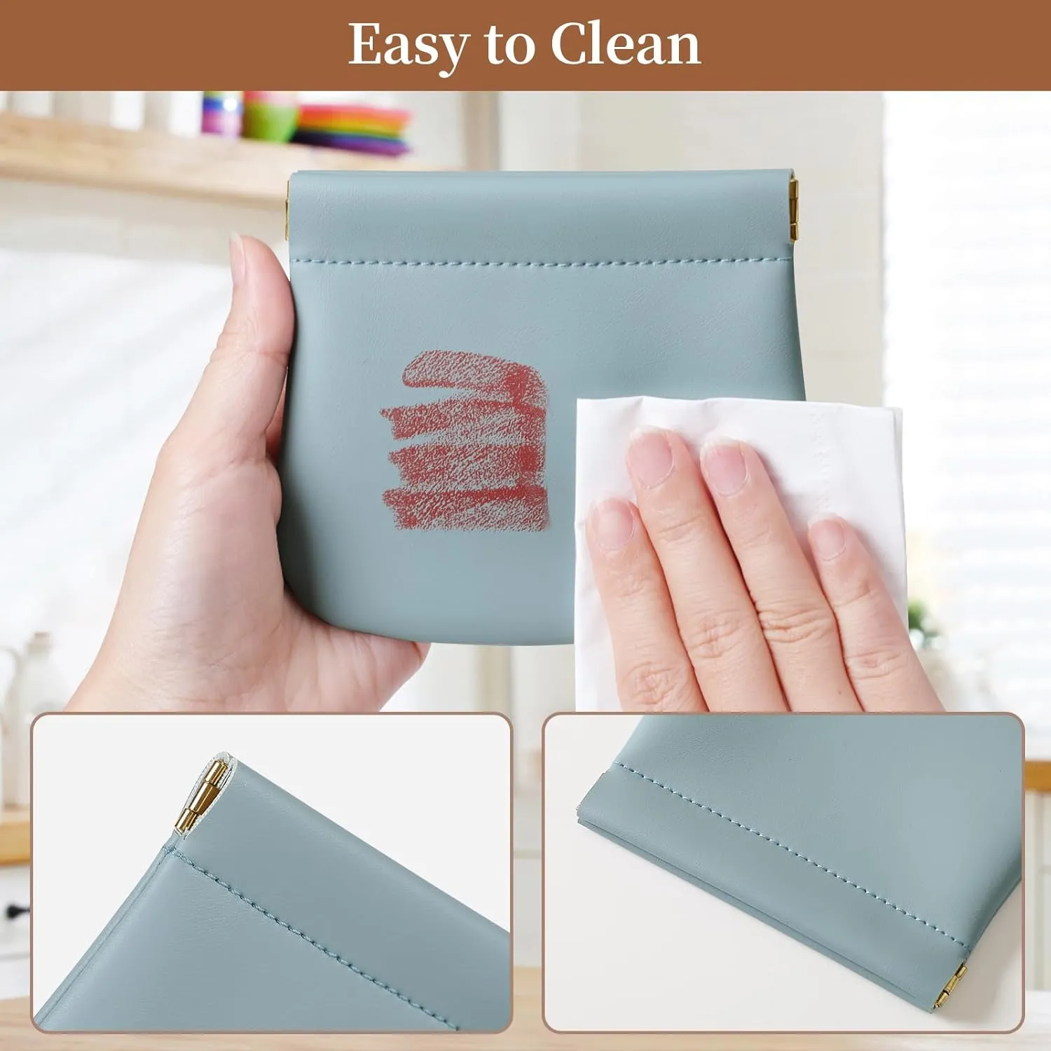 2 Pack Small Makeup Bag for Women, New Organosilicon Super Fiber Leather Mini Cosmetic Bag for Travel, Coin Purse Organizer Storage Pouch (Blue)