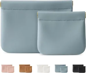 2 Pack Small Makeup Bag for Women, New Organosilicon Super Fiber Leather Mini Cosmetic Bag for Travel, Coin Purse Organizer Storage Pouch (Blue)