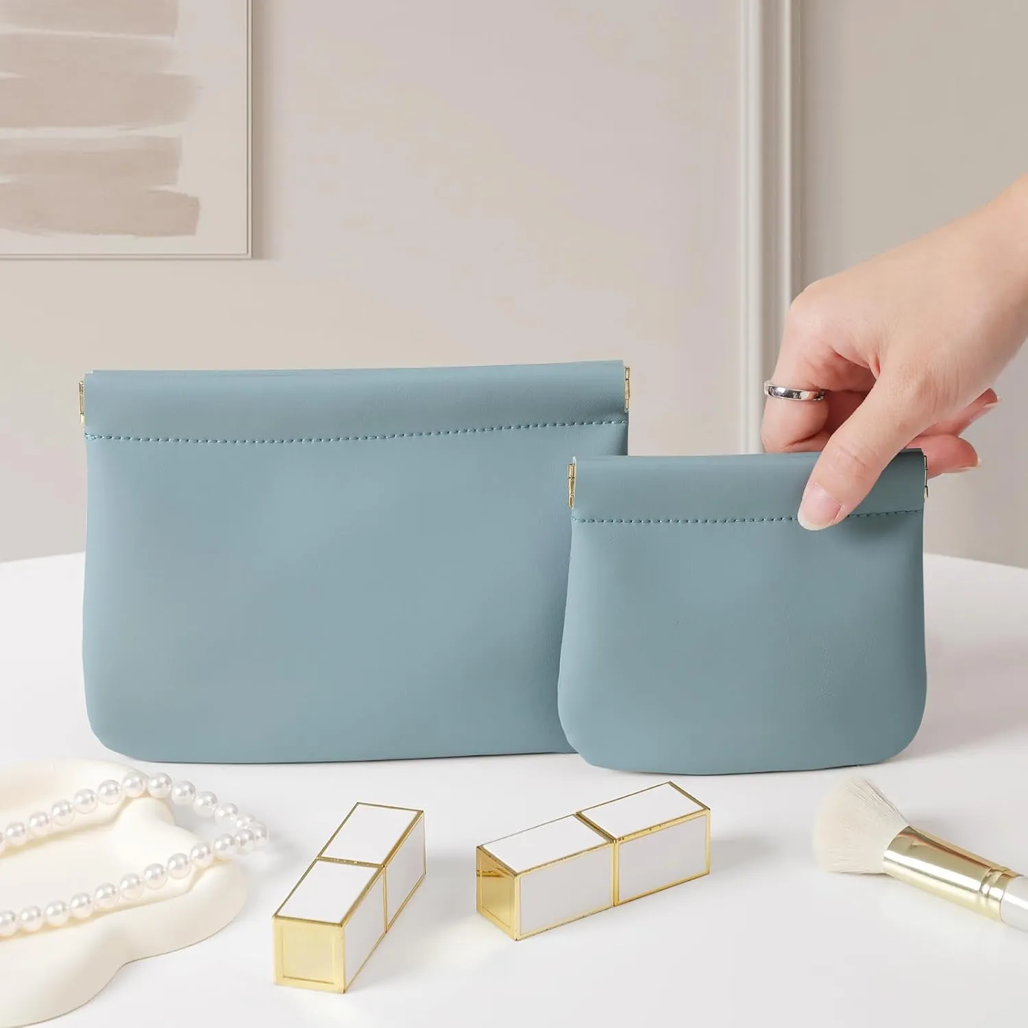 2 Pack Small Makeup Bag for Women, New Organosilicon Super Fiber Leather Mini Cosmetic Bag for Travel, Coin Purse Organizer Storage Pouch (Blue)