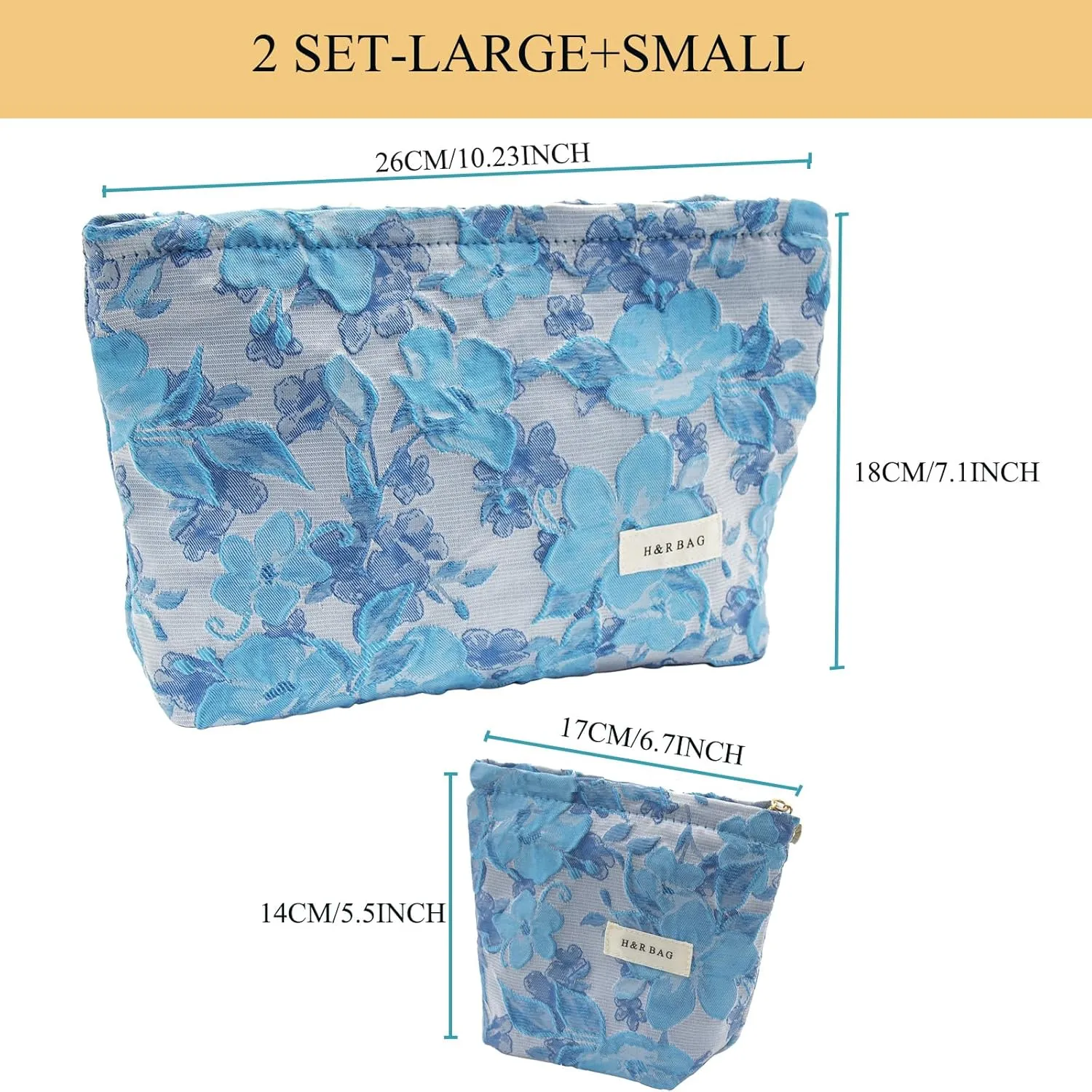 2 Pcs Makeup Bags, Large Cosmetic Bag Travel Toiletry Bag Organizer for Women, Embroidery Craft, Floral Makeup Bag Small Cosmetic Pouch Purse with Zipper Gifts for Girls Teen
