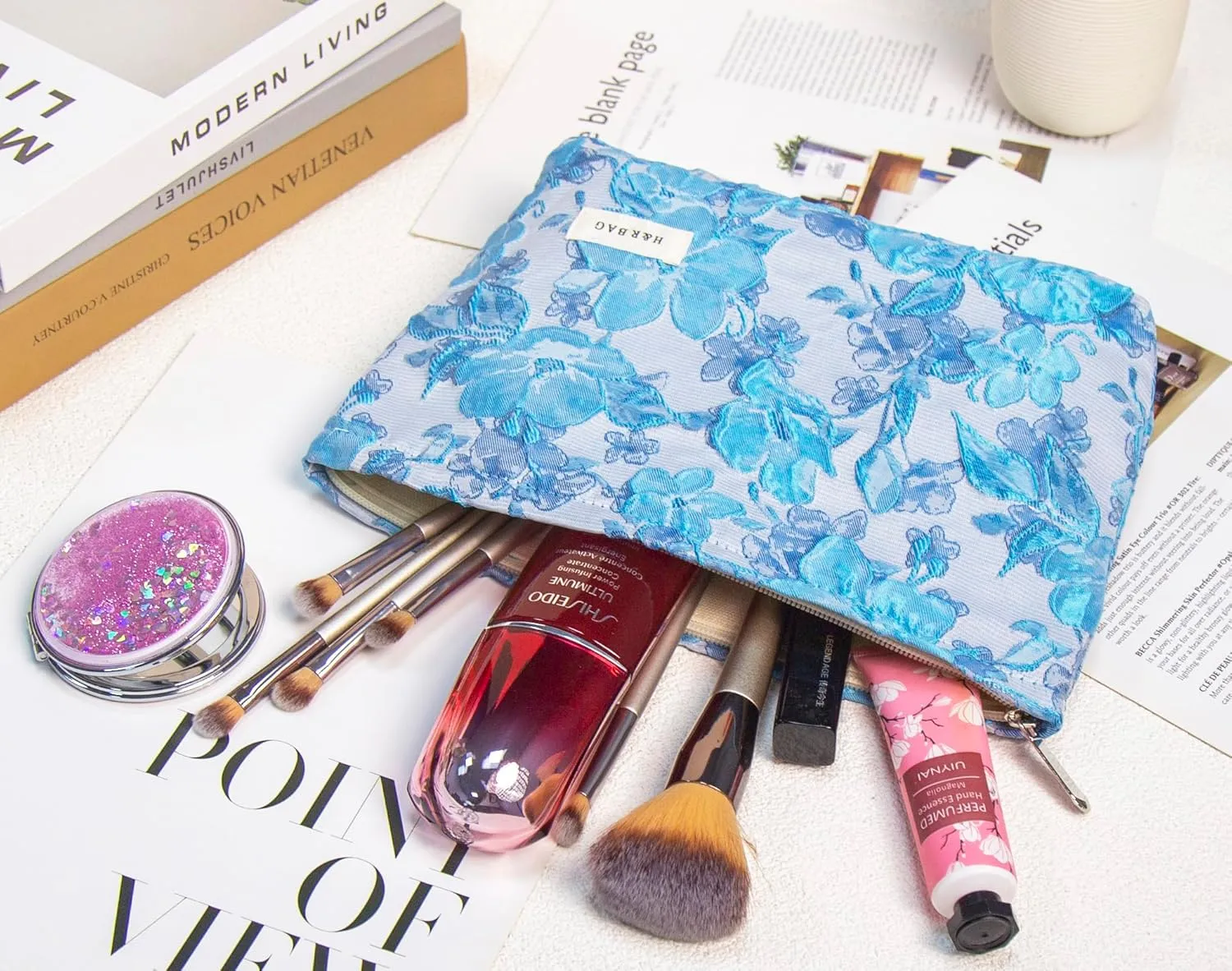 2 Pcs Makeup Bags, Large Cosmetic Bag Travel Toiletry Bag Organizer for Women, Embroidery Craft, Floral Makeup Bag Small Cosmetic Pouch Purse with Zipper Gifts for Girls Teen