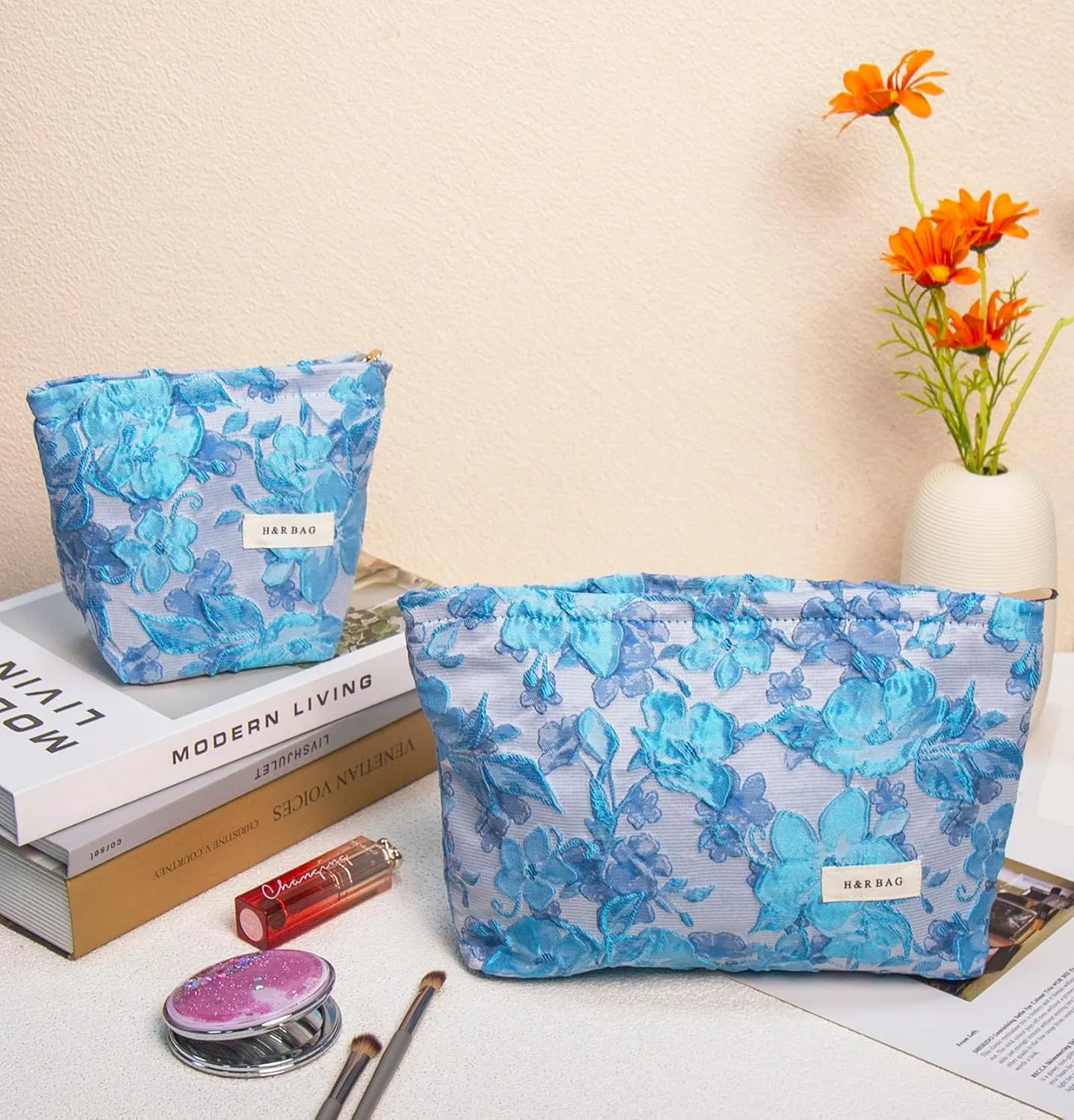 2 Pcs Makeup Bags, Large Cosmetic Bag Travel Toiletry Bag Organizer for Women, Embroidery Craft, Floral Makeup Bag Small Cosmetic Pouch Purse with Zipper Gifts for Girls Teen