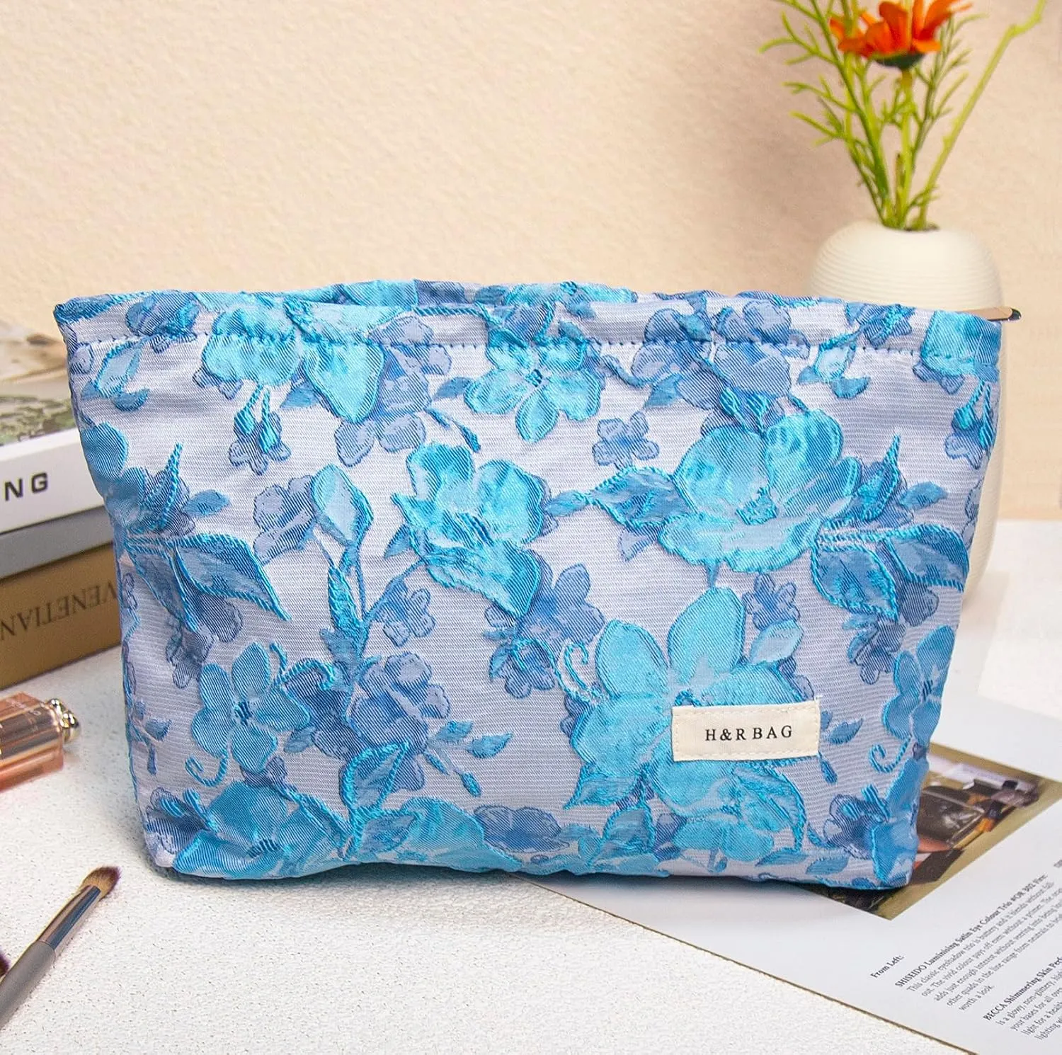 2 Pcs Makeup Bags, Large Cosmetic Bag Travel Toiletry Bag Organizer for Women, Embroidery Craft, Floral Makeup Bag Small Cosmetic Pouch Purse with Zipper Gifts for Girls Teen