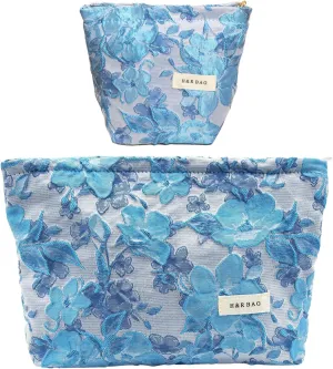 2 Pcs Makeup Bags, Large Cosmetic Bag Travel Toiletry Bag Organizer for Women, Embroidery Craft, Floral Makeup Bag Small Cosmetic Pouch Purse with Zipper Gifts for Girls Teen