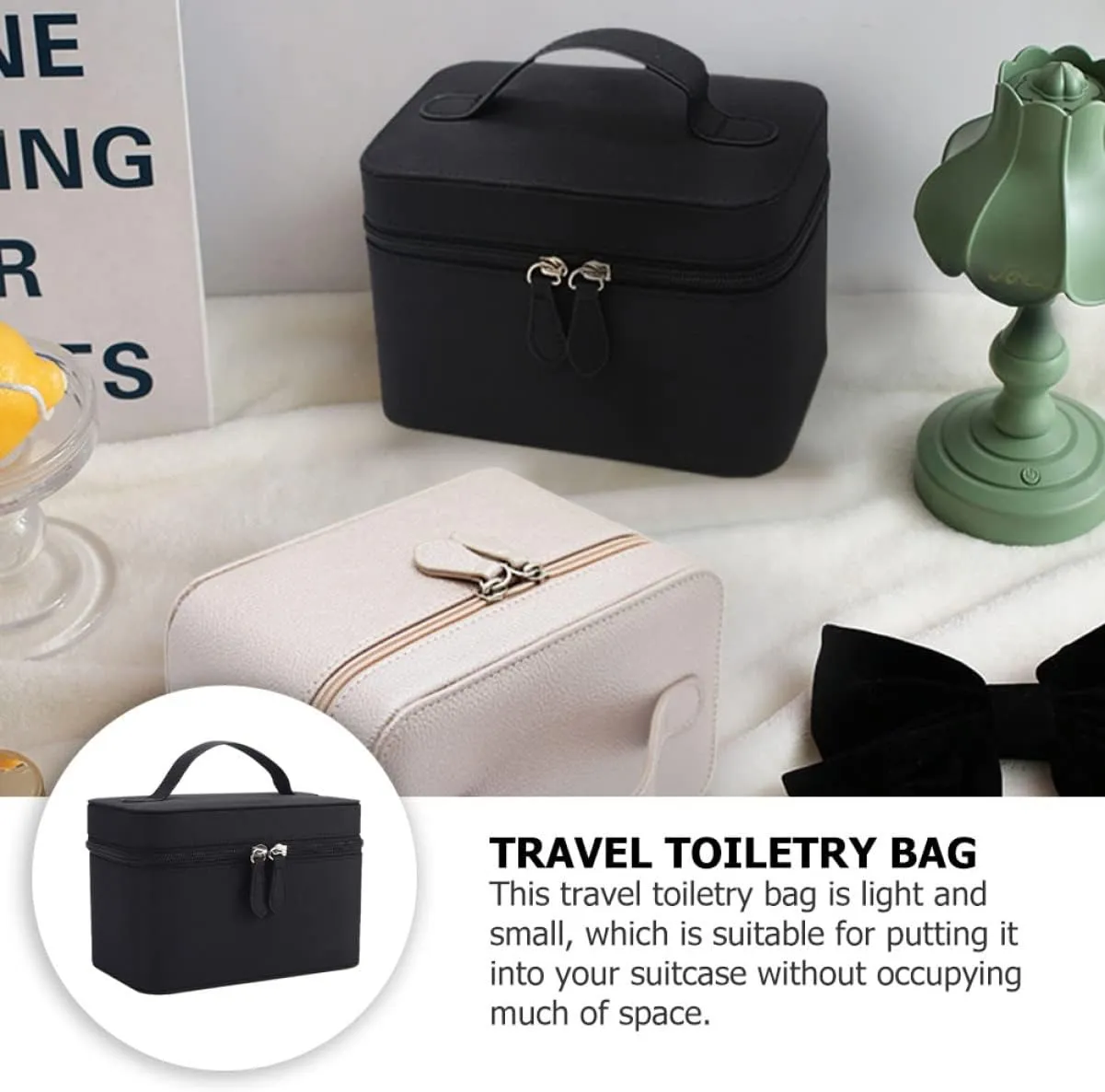 2 Pcs Portable Cosmetic Bag Travel Simple Jewelry Box, Black, 19X12.5X12CM