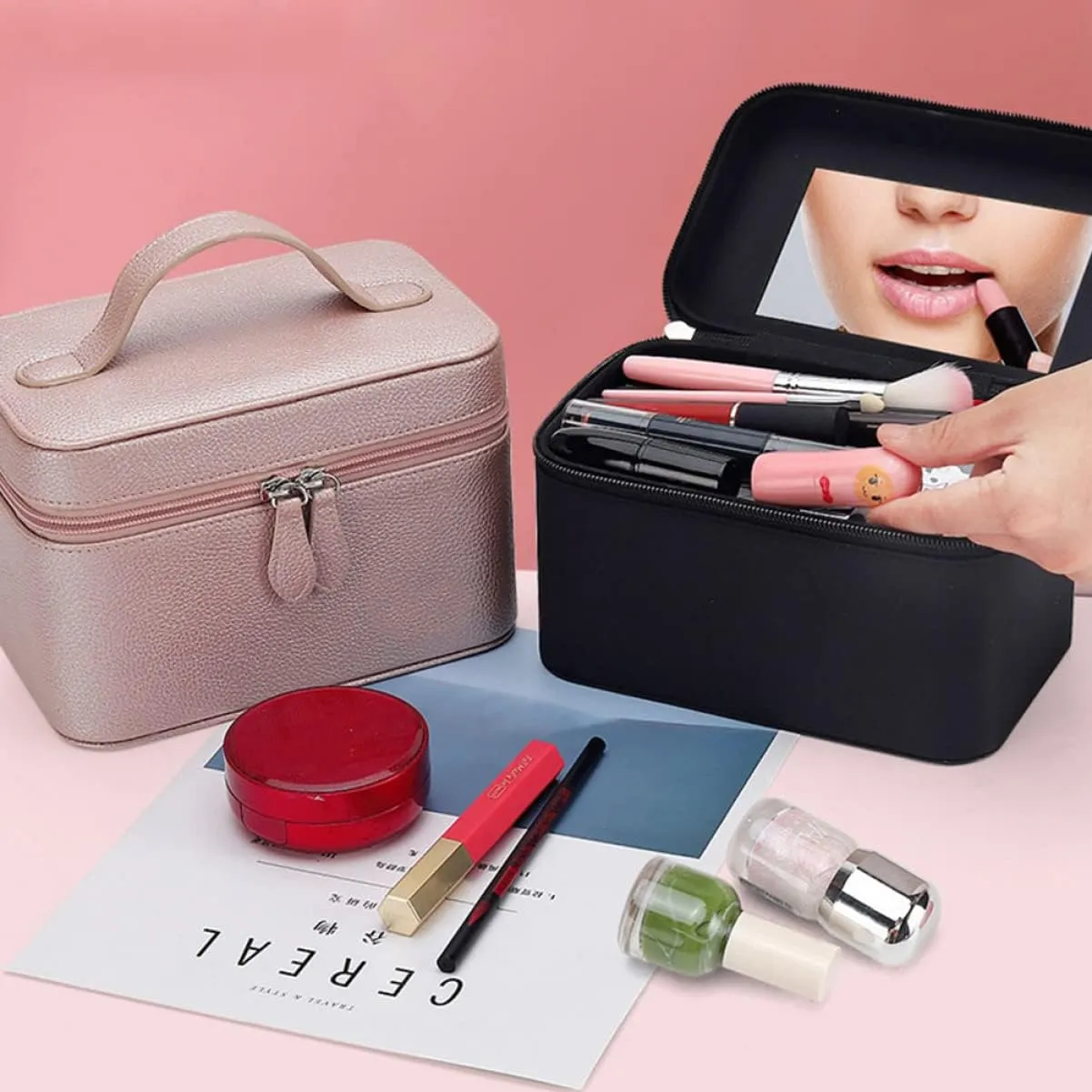 2 Pcs Portable Cosmetic Bag Travel Simple Jewelry Box, Black, 19X12.5X12CM