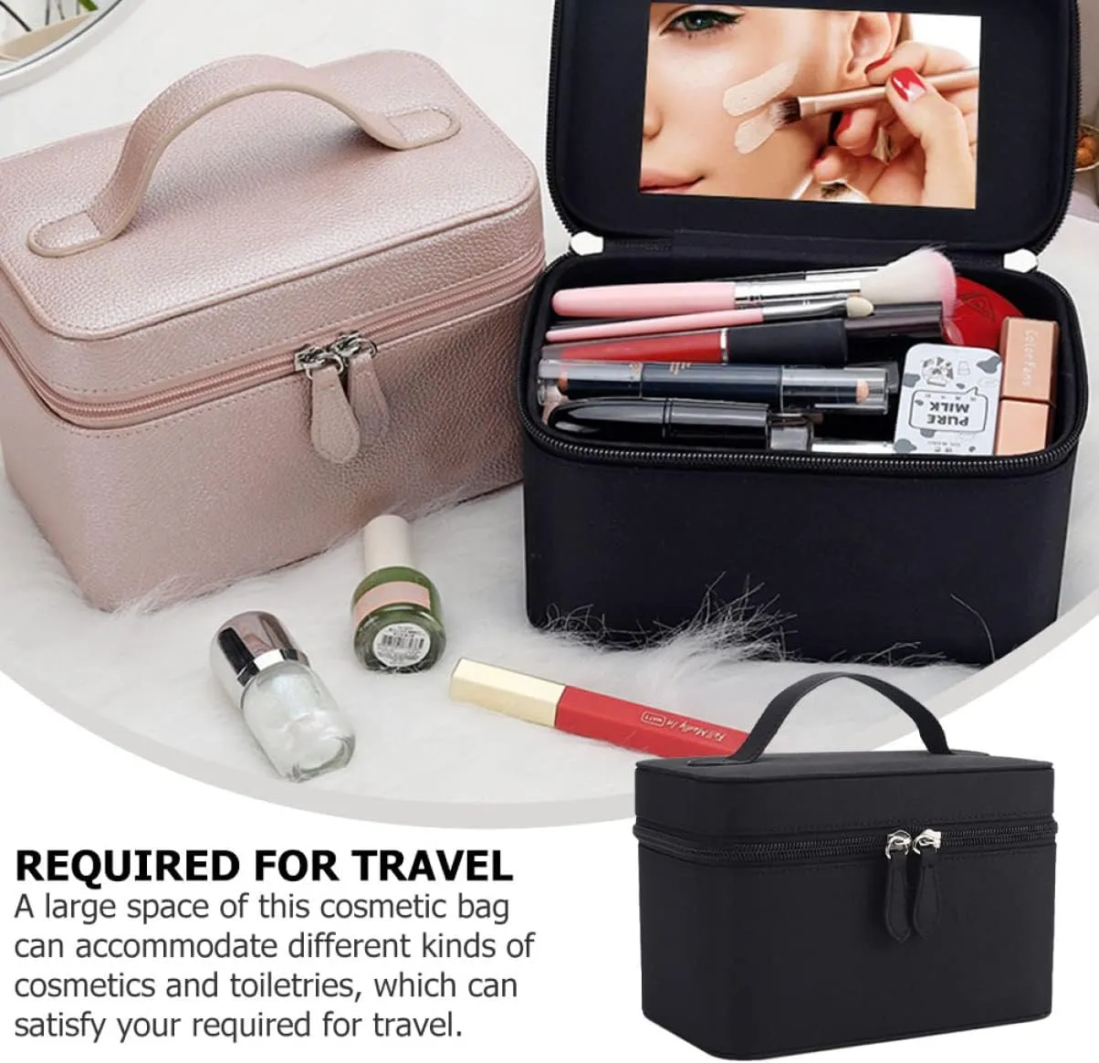 2 Pcs Portable Cosmetic Bag Travel Simple Jewelry Box, Black, 19X12.5X12CM