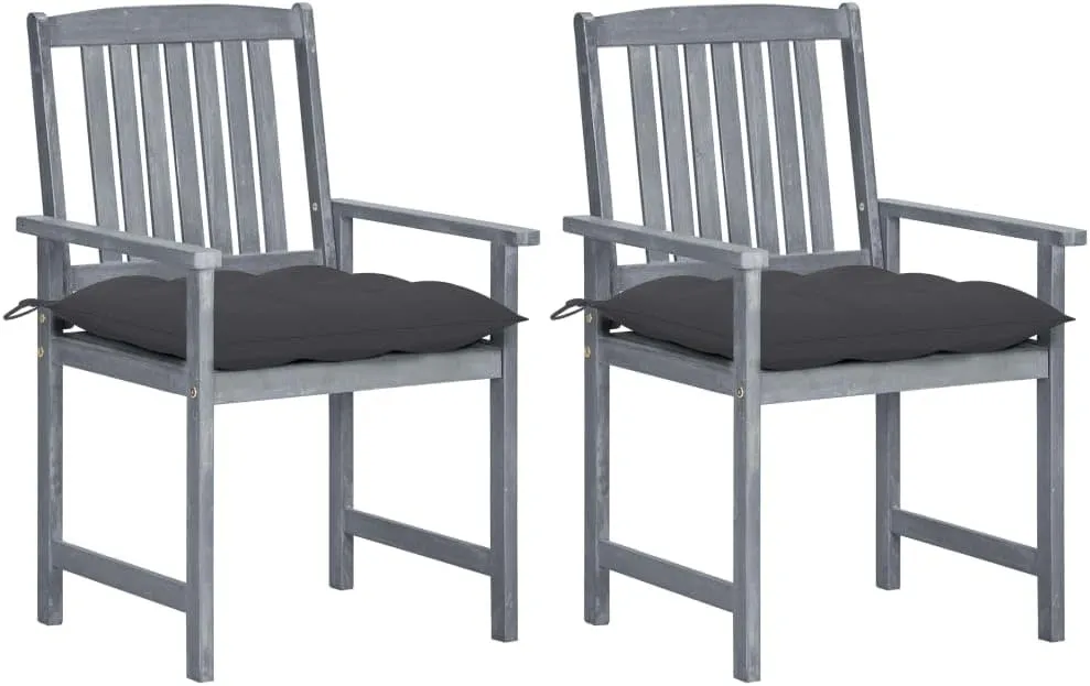 2-Piece Gray Solid Acacia Wood Patio Chairs with Cushions, Outdoor Furniture Set for Backyard, Poolside, and Garden, Rustic Lounge Chairs with Anthracite Fabric Seat Cushions