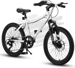 20 Inch Kids' Mountain Bike Ages 5-10, 7-Speed Children's Day Gifts Bicycles for Boys Girls Present, Outdoor Cycling City Bikes