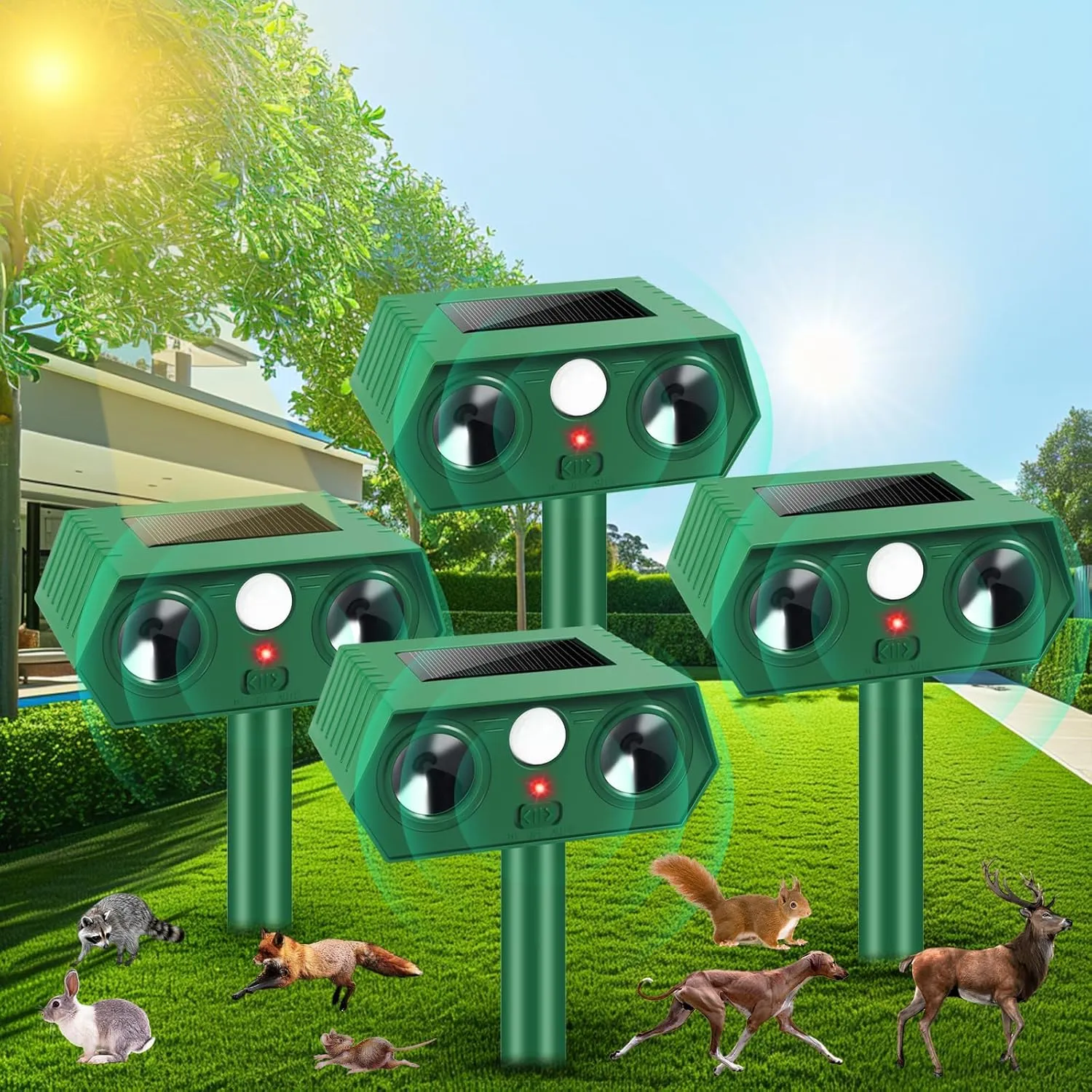 2025 Upgraded Solar Ultrasonic Animal Repellent, 4 Pack Cat Deterrent Outdoor Deer Repellent with Motion Sensor, Squirrel, Dog, Raccoon, Skunk, Rabbit Repellent for Yard, Garden, Lawn