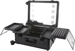 21-inch Tempered Mirror Cosmetic Case, Professional Trolley LED Dimming Mirror with Detachable Universal Wheels