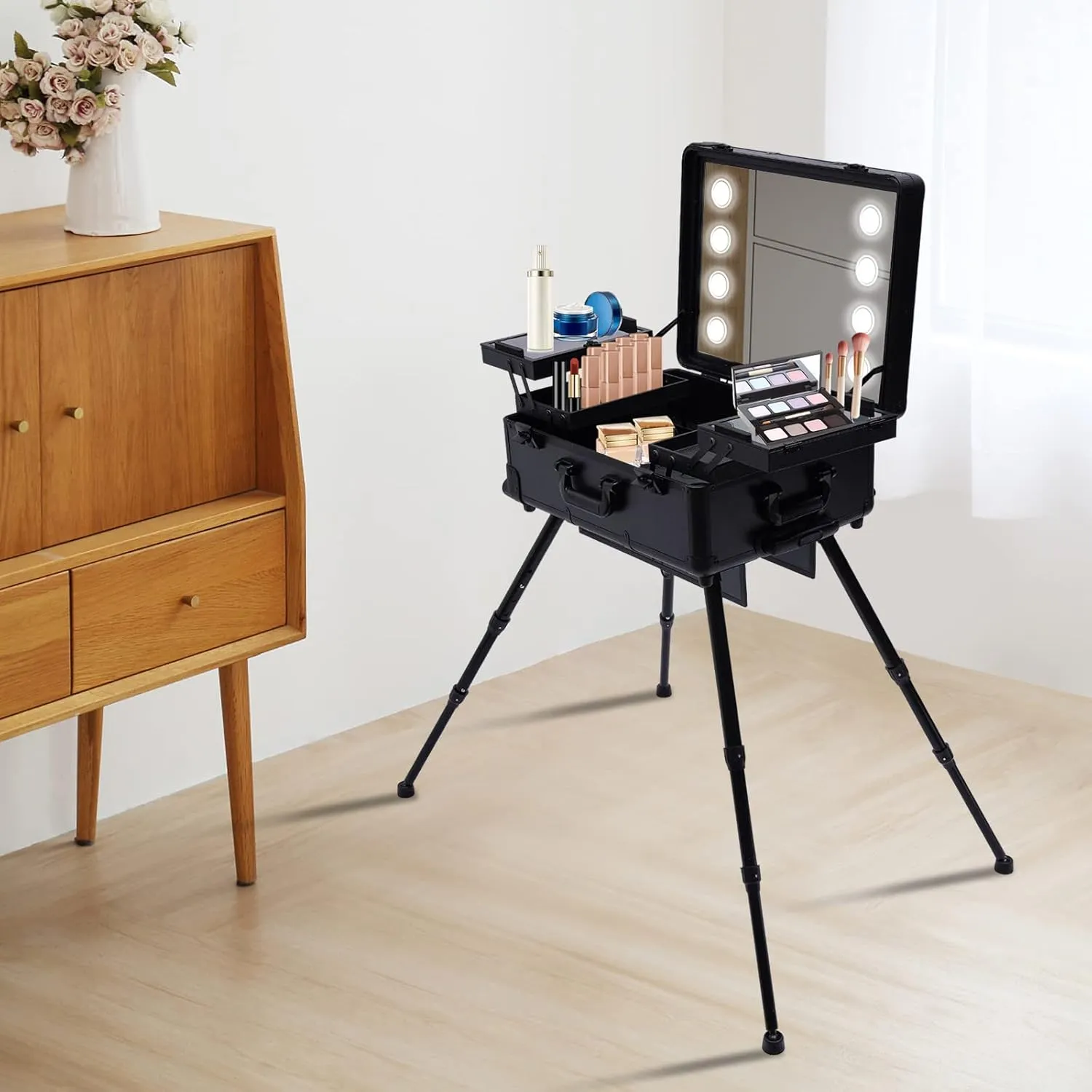 22" Make-Up Case, Cosmetic Train Table with 4 Rolling Wheels & Lights & Mirror, Pro Make-Up Station, Cover Panel and Easy-to-Clean Extendable Trays, Adjustable Legs, Robust (Black)