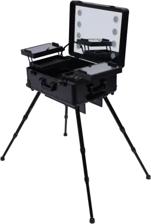 22" Make-Up Case, Cosmetic Train Table with 4 Rolling Wheels & Lights & Mirror, Pro Make-Up Station, Cover Panel and Easy-to-Clean Extendable Trays, Adjustable Legs, Robust (Black)