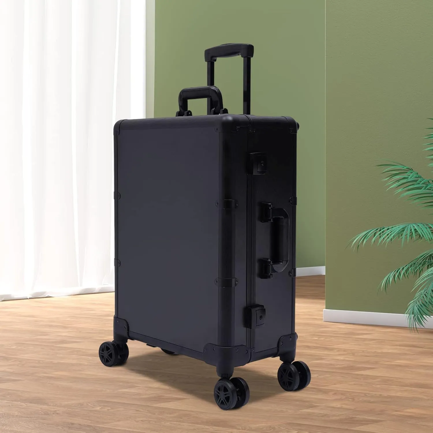 22" Make-Up Case, Cosmetic Train Table with 4 Rolling Wheels & Lights & Mirror, Pro Make-Up Station, Cover Panel and Easy-to-Clean Extendable Trays, Adjustable Legs, Robust (Black)