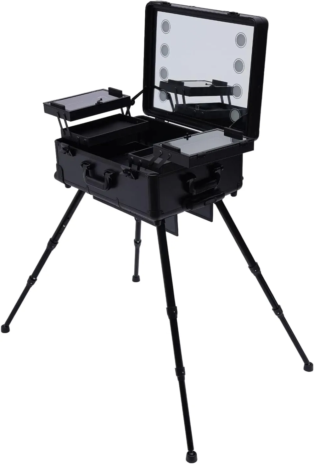 22" Make-Up Case, Cosmetic Train Table with 4 Rolling Wheels & Lights & Mirror, Pro Make-Up Station, Cover Panel and Easy-to-Clean Extendable Trays, Adjustable Legs, Robust (Black)