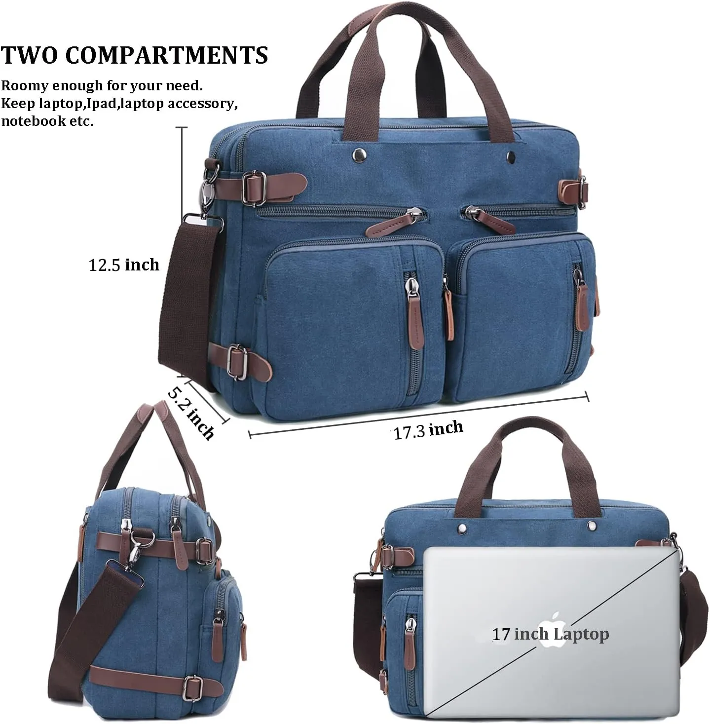 3 in 1 Convertible Laptop Backpack, 17.3 inch Messenger Bag for Men, Multi-Functional Travel Laptop Bag for College Men Women (17.3 Inch, Blue)