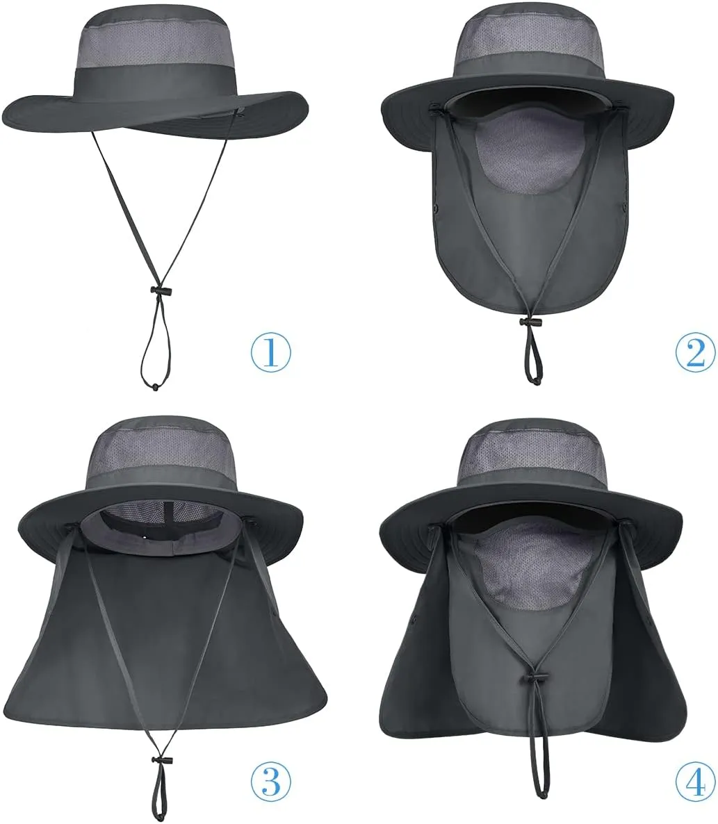 3 Pack Mens Outdoor Wide Brim Fishing Hat,UPF 50  Sun Protection Cap with Face Neck Flap for Hiking & Garden