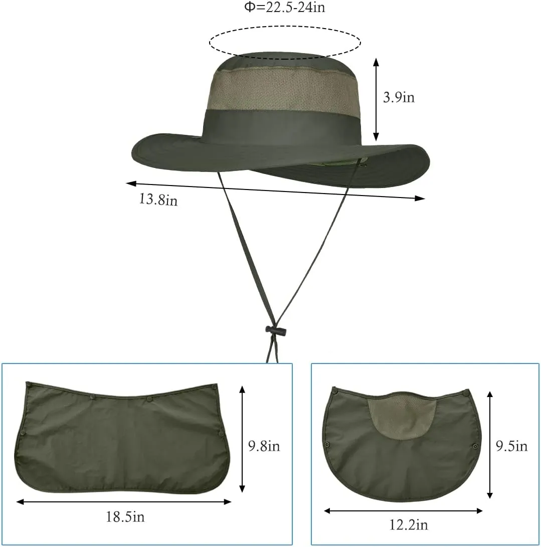 3 Pack Mens Outdoor Wide Brim Fishing Hat,UPF 50  Sun Protection Cap with Face Neck Flap for Hiking & Garden