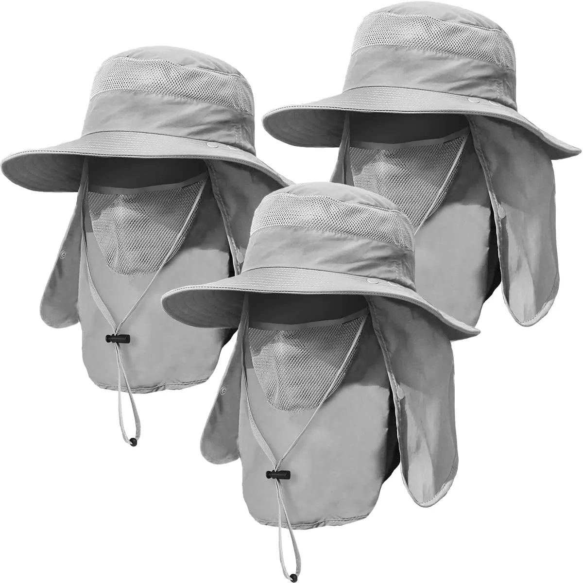 3 Pack Mens Outdoor Wide Brim Fishing Hat,UPF 50  Sun Protection Cap with Face Neck Flap for Hiking & Garden