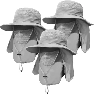 3 Pack Mens Outdoor Wide Brim Fishing Hat,UPF 50  Sun Protection Cap with Face Neck Flap for Hiking & Garden