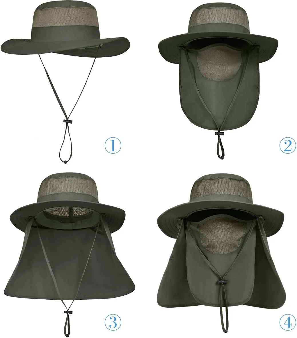 3 Pack Mens Outdoor Wide Brim Fishing Hat,UPF 50  Sun Protection Cap with Face Neck Flap for Hiking & Garden