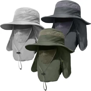 3 Pack Mens Outdoor Wide Brim Fishing Hat,UPF 50  Sun Protection Cap with Face Neck Flap for Hiking & Garden