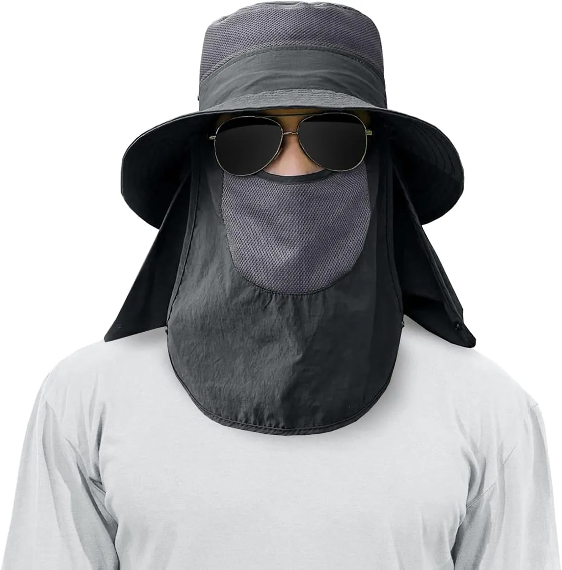 3 Pack Mens Outdoor Wide Brim Fishing Hat,UPF 50  Sun Protection Cap with Face Neck Flap for Hiking & Garden