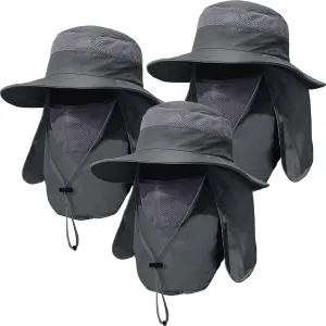 3 Pack Mens Outdoor Wide Brim Fishing Hat,UPF 50  Sun Protection Cap with Face Neck Flap for Hiking & Garden