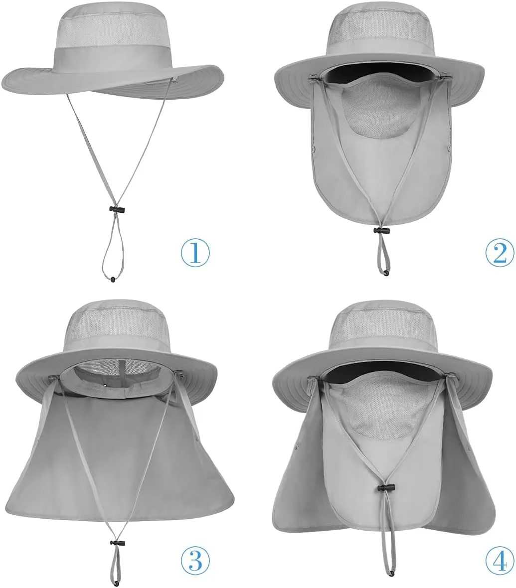 3 Pack Mens Outdoor Wide Brim Fishing Hat,UPF 50  Sun Protection Cap with Face Neck Flap for Hiking & Garden
