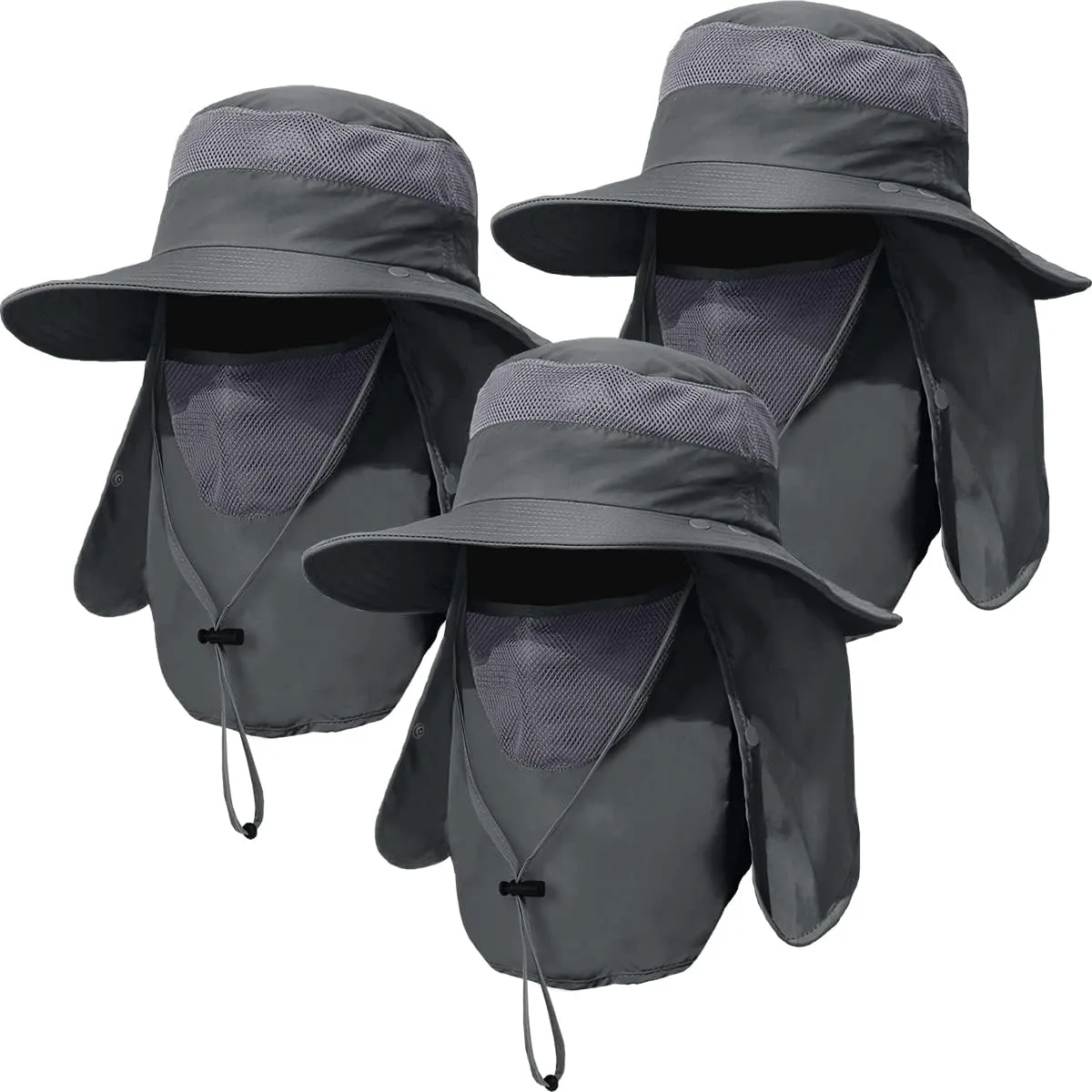 3 Pack Mens Outdoor Wide Brim Fishing Hat,UPF 50  Sun Protection Cap with Face Neck Flap for Hiking & Garden