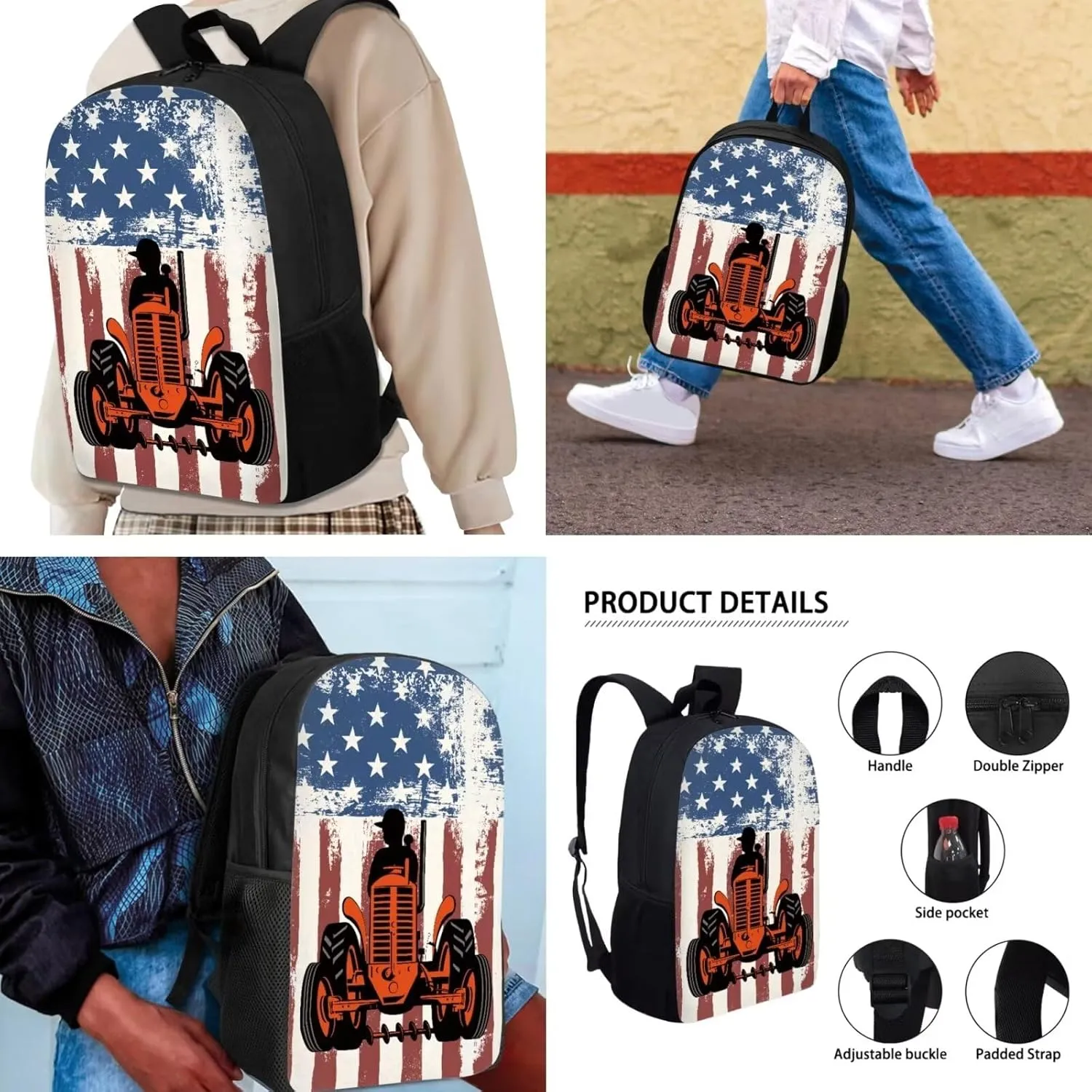 3PCS American Flag Tractor Backpack for Boys Hard-wearing Large Capacity Kids Bookbag Set with Lunch Box Pencil Case School Bag for Kids Children Teens Elementary Middle School Student