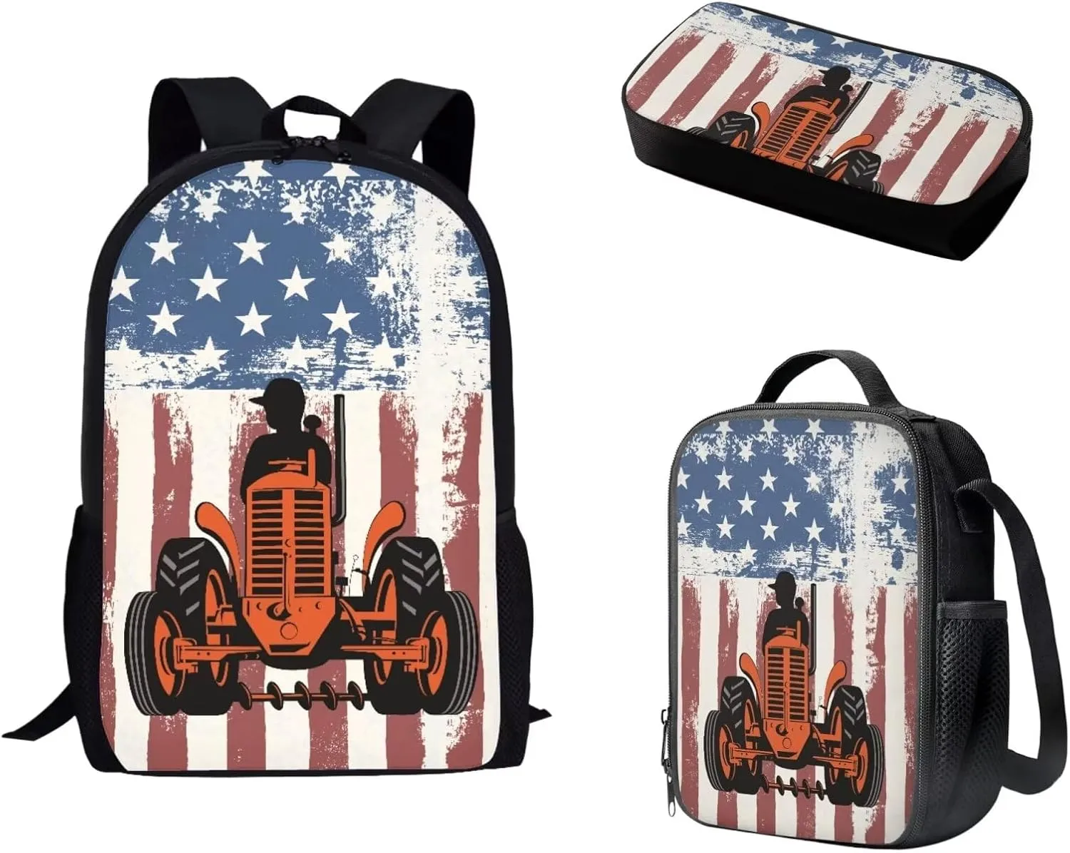 3PCS American Flag Tractor Backpack for Boys Hard-wearing Large Capacity Kids Bookbag Set with Lunch Box Pencil Case School Bag for Kids Children Teens Elementary Middle School Student