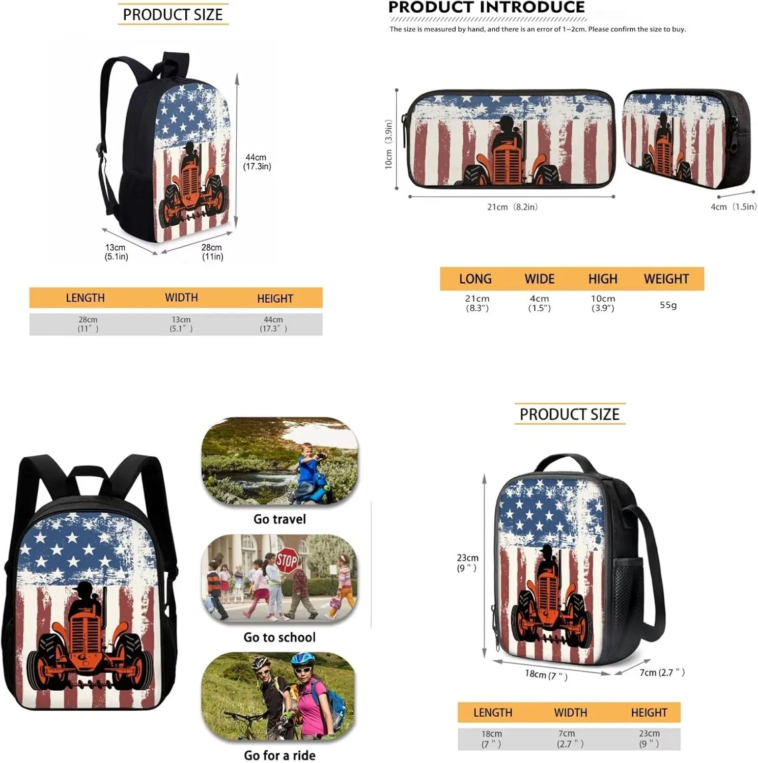 3PCS American Flag Tractor Backpack for Boys Hard-wearing Large Capacity Kids Bookbag Set with Lunch Box Pencil Case School Bag for Kids Children Teens Elementary Middle School Student