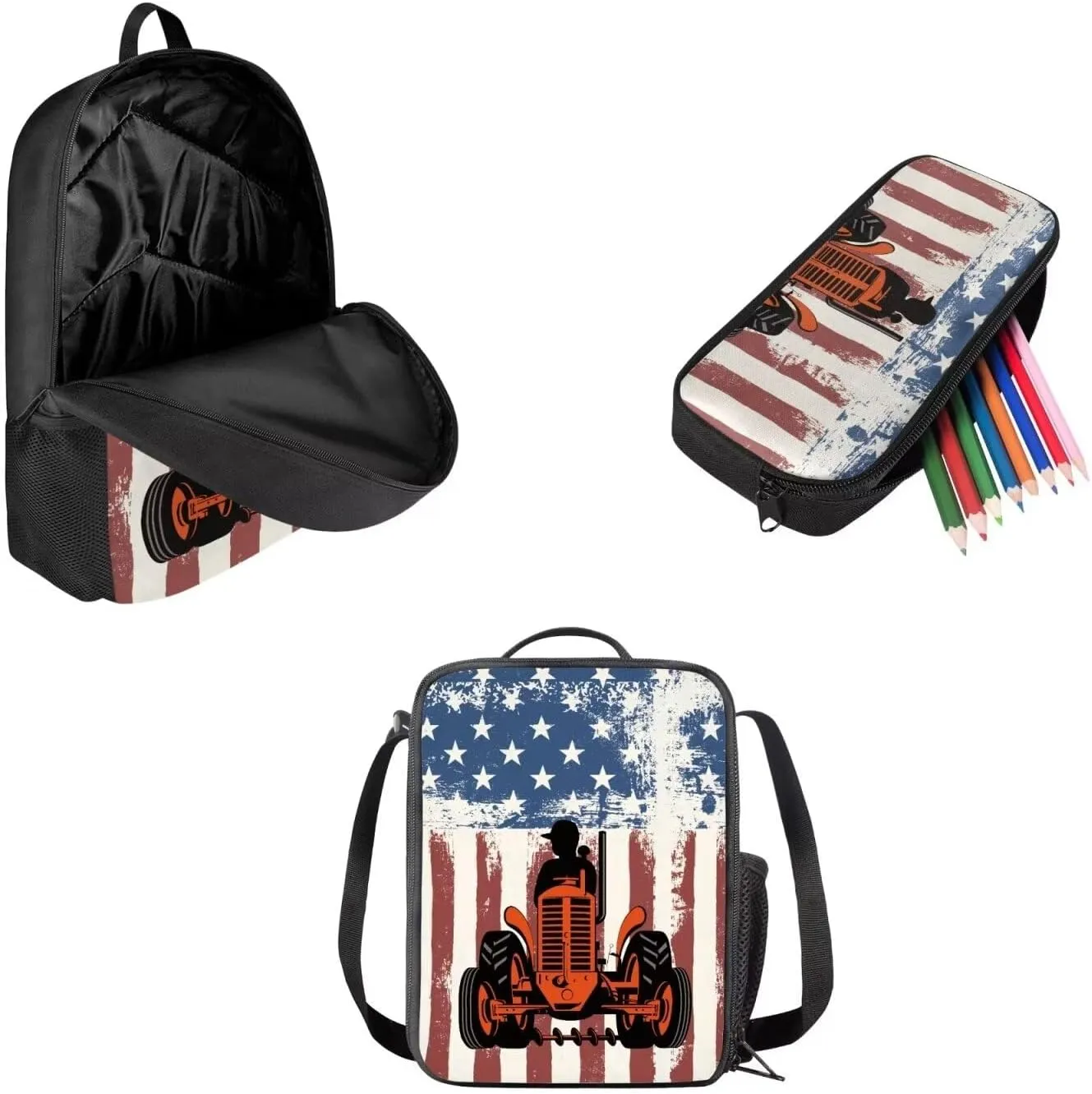 3PCS American Flag Tractor Backpack for Boys Hard-wearing Large Capacity Kids Bookbag Set with Lunch Box Pencil Case School Bag for Kids Children Teens Elementary Middle School Student