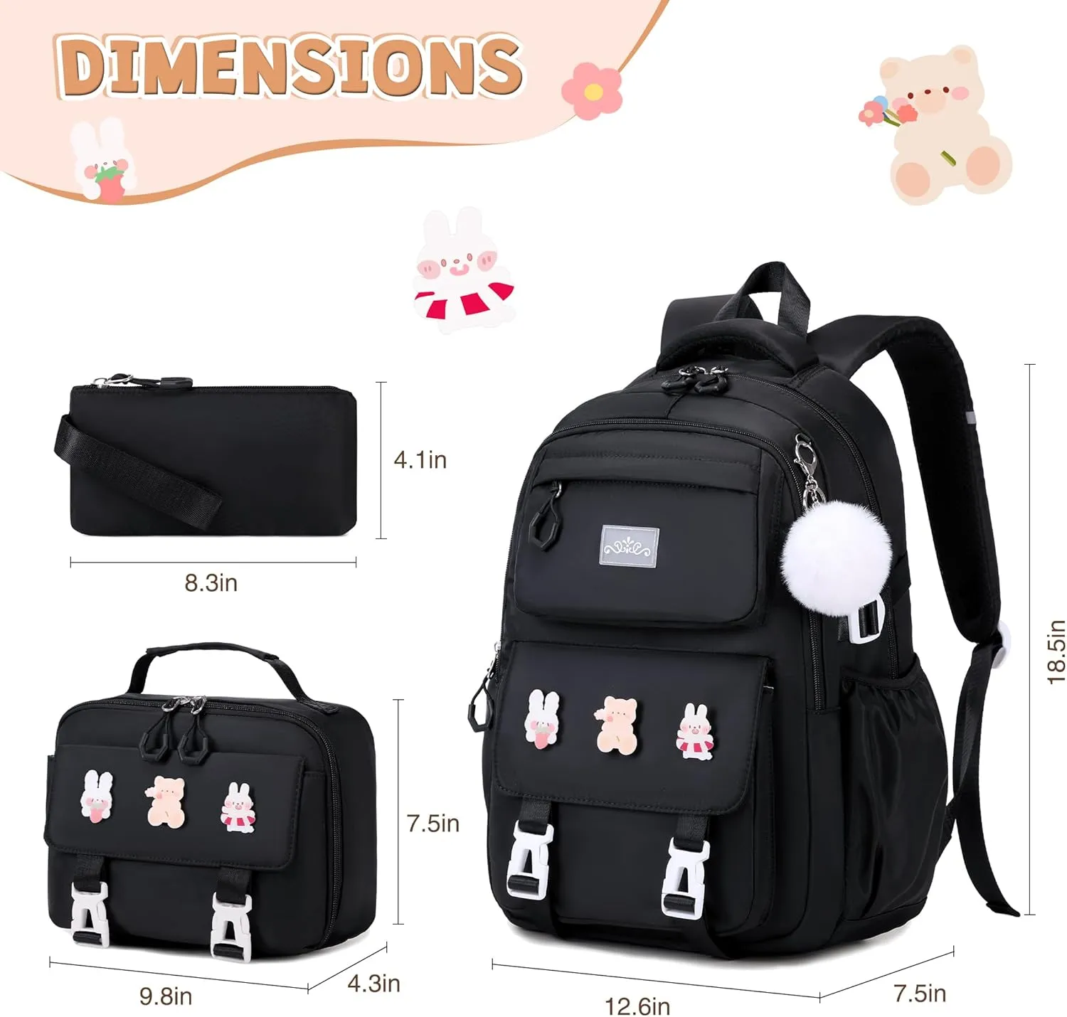 3PCS Girls Backpack for School, Kids Backpack for Girls with Lunch Box Pencil Case Set for Teen Girl Elementary Primary Middle High College School Bookbag with Cute Pins (Black)