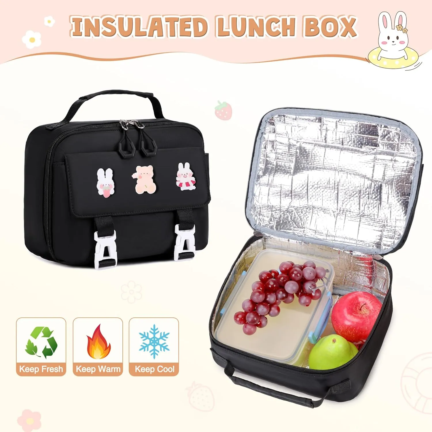 3PCS Girls Backpack for School, Kids Backpack for Girls with Lunch Box Pencil Case Set for Teen Girl Elementary Primary Middle High College School Bookbag with Cute Pins (Black)