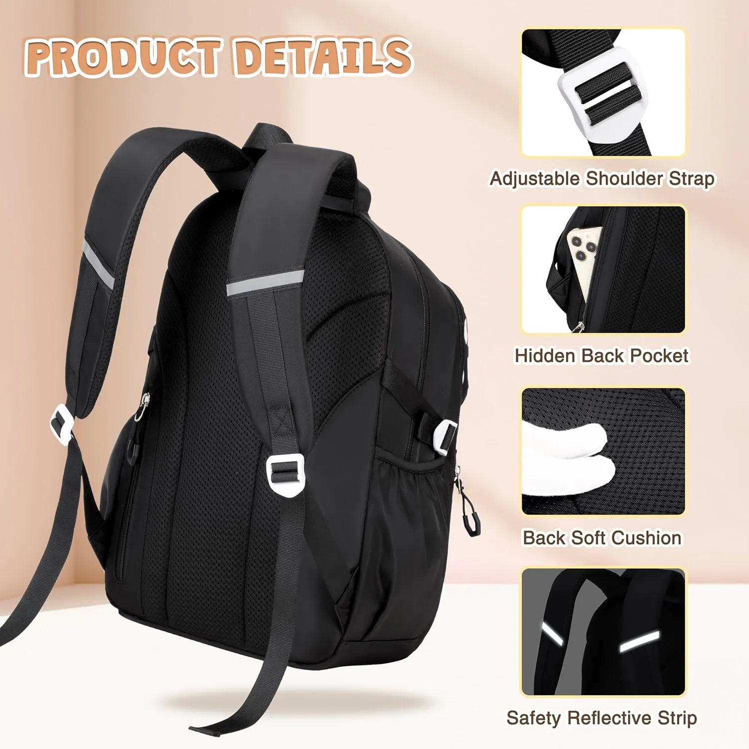 3PCS Girls Backpack for School, Kids Backpack for Girls with Lunch Box Pencil Case Set for Teen Girl Elementary Primary Middle High College School Bookbag with Cute Pins (Black)